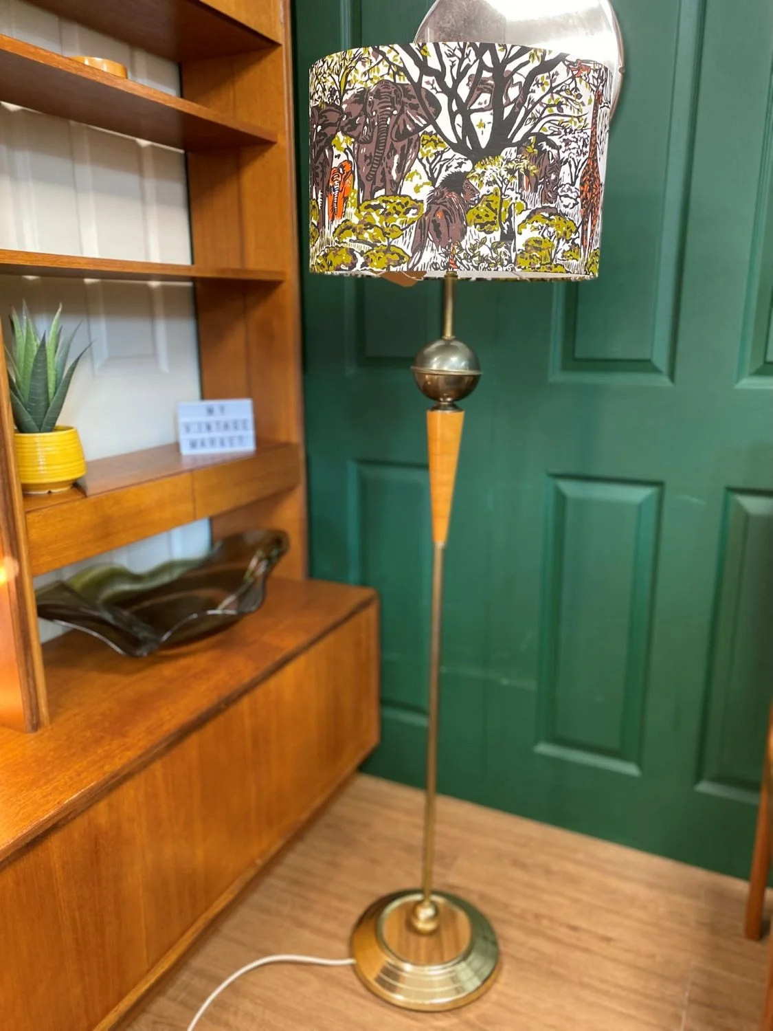 Mid century retro 1970s brass and teak floor lamp