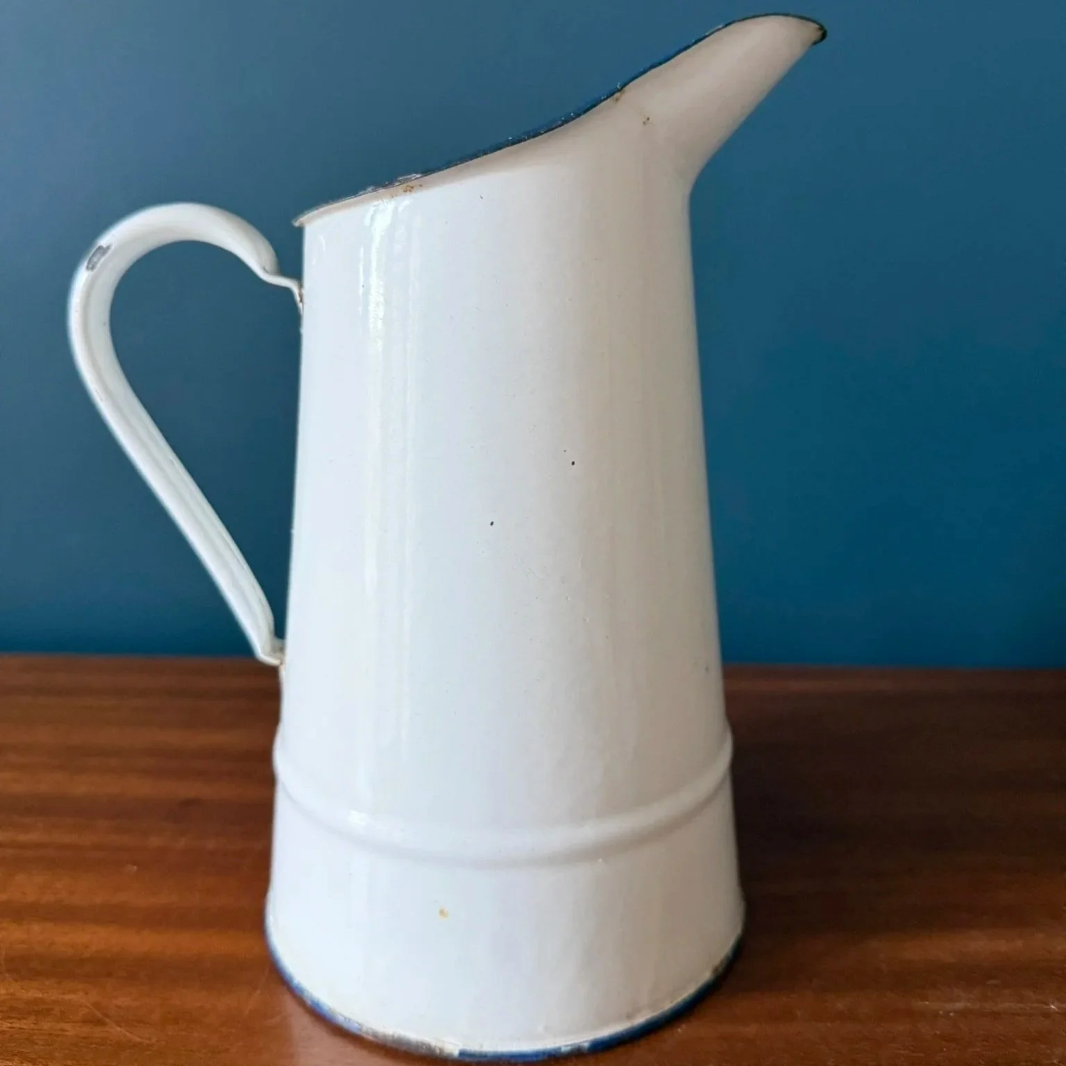 Vintage French white enamelled pitcher jug with blue rim rustic mid century