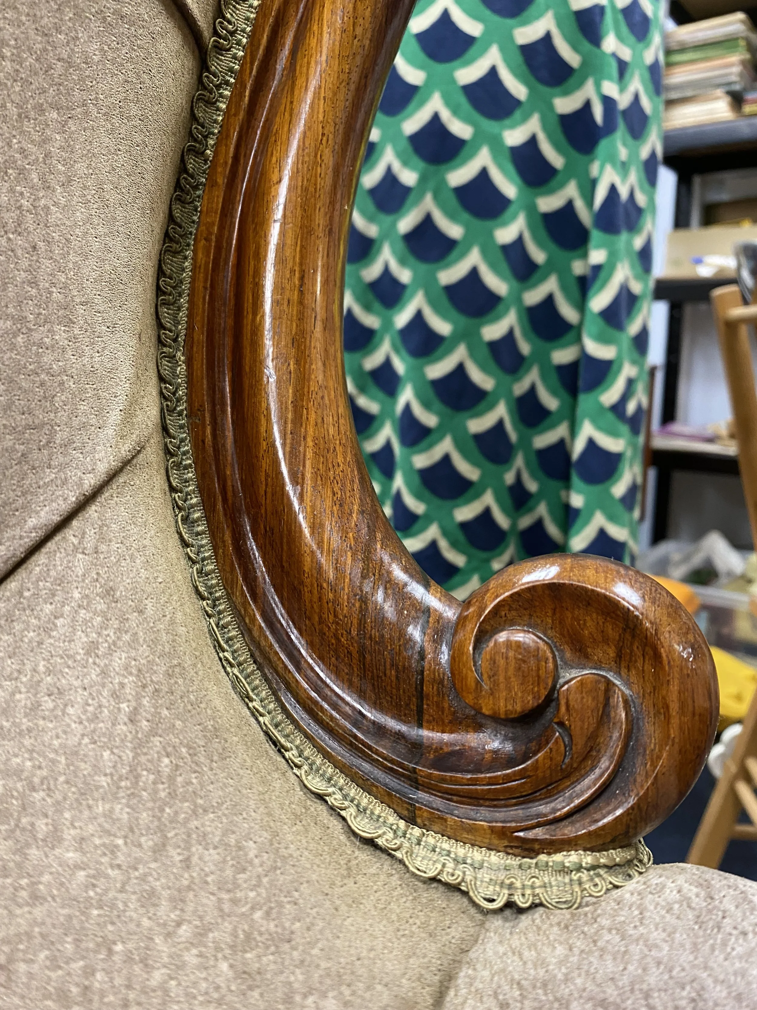 Antique 19th Century Victorian Ornate Carved Solid Walnut Framed Button Back Armchair, For Reupholstering