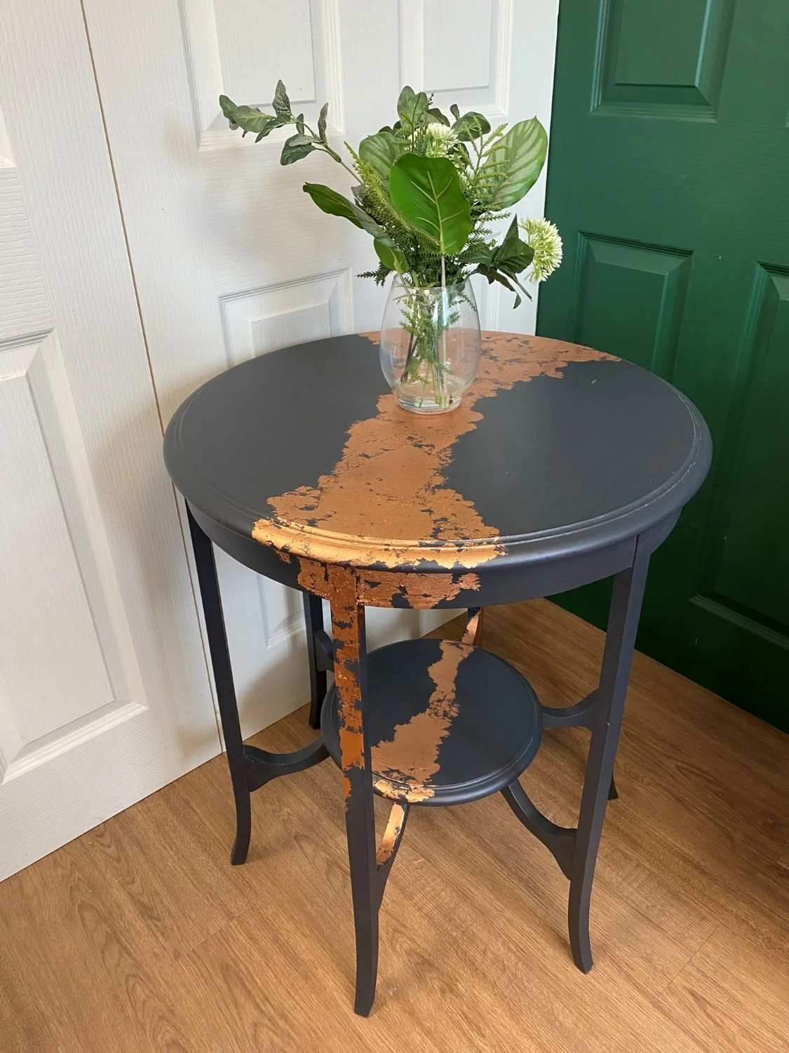 Refurbished antique solid mahogany two tier side table, painted in Ash Grey fusion mineral paint and finished with copper leaf.