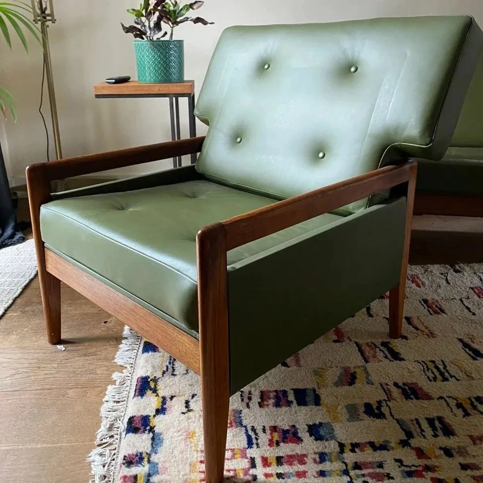 Mid century Heals teak afromosia armchair, olive green, 1960s Danish style