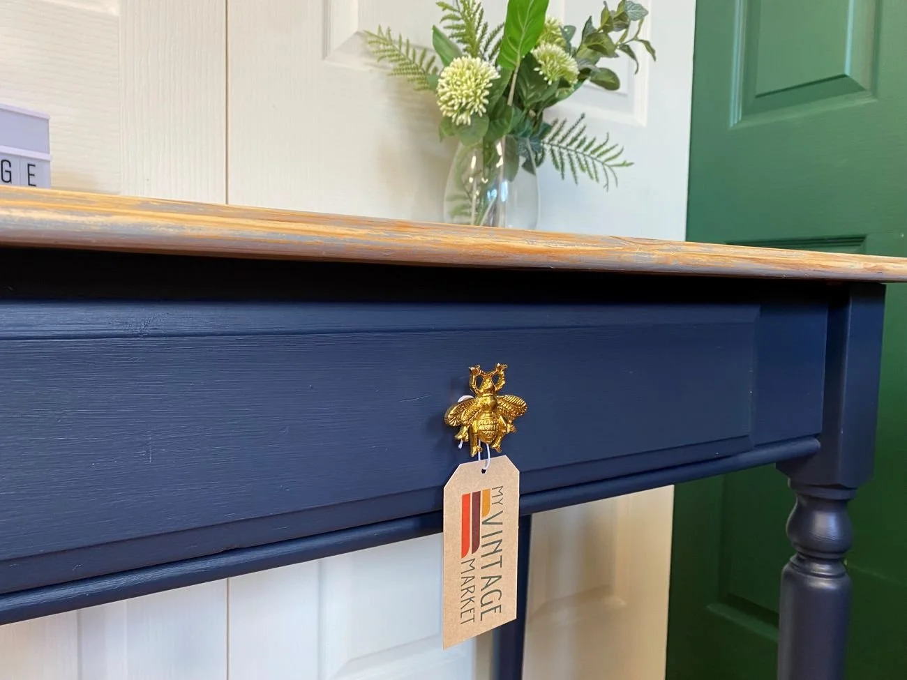 Refurbished pine console table, desk or small table, petrol blue