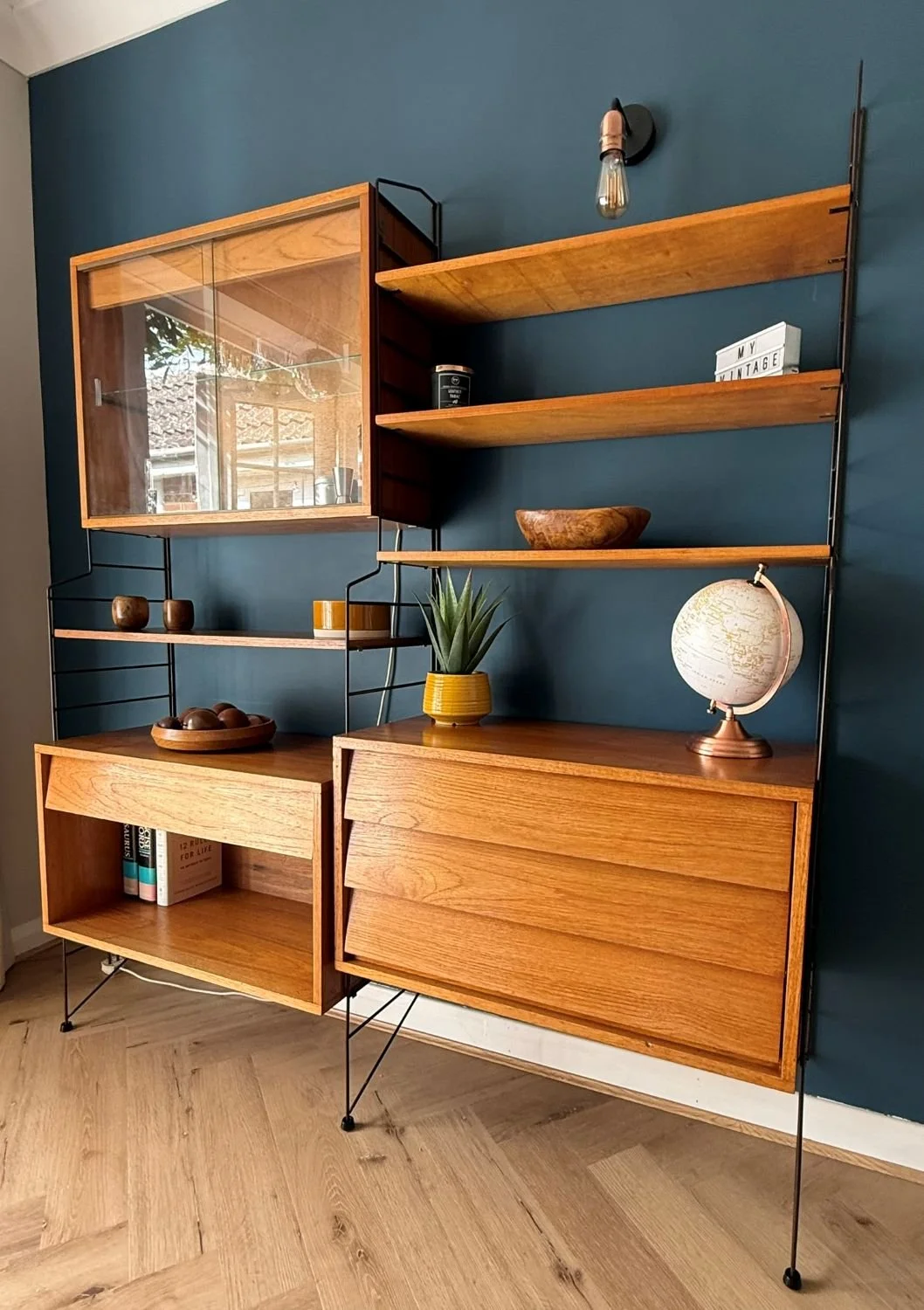Restored mid century 1960s teak Brianco two bay modular wall unit shelving system