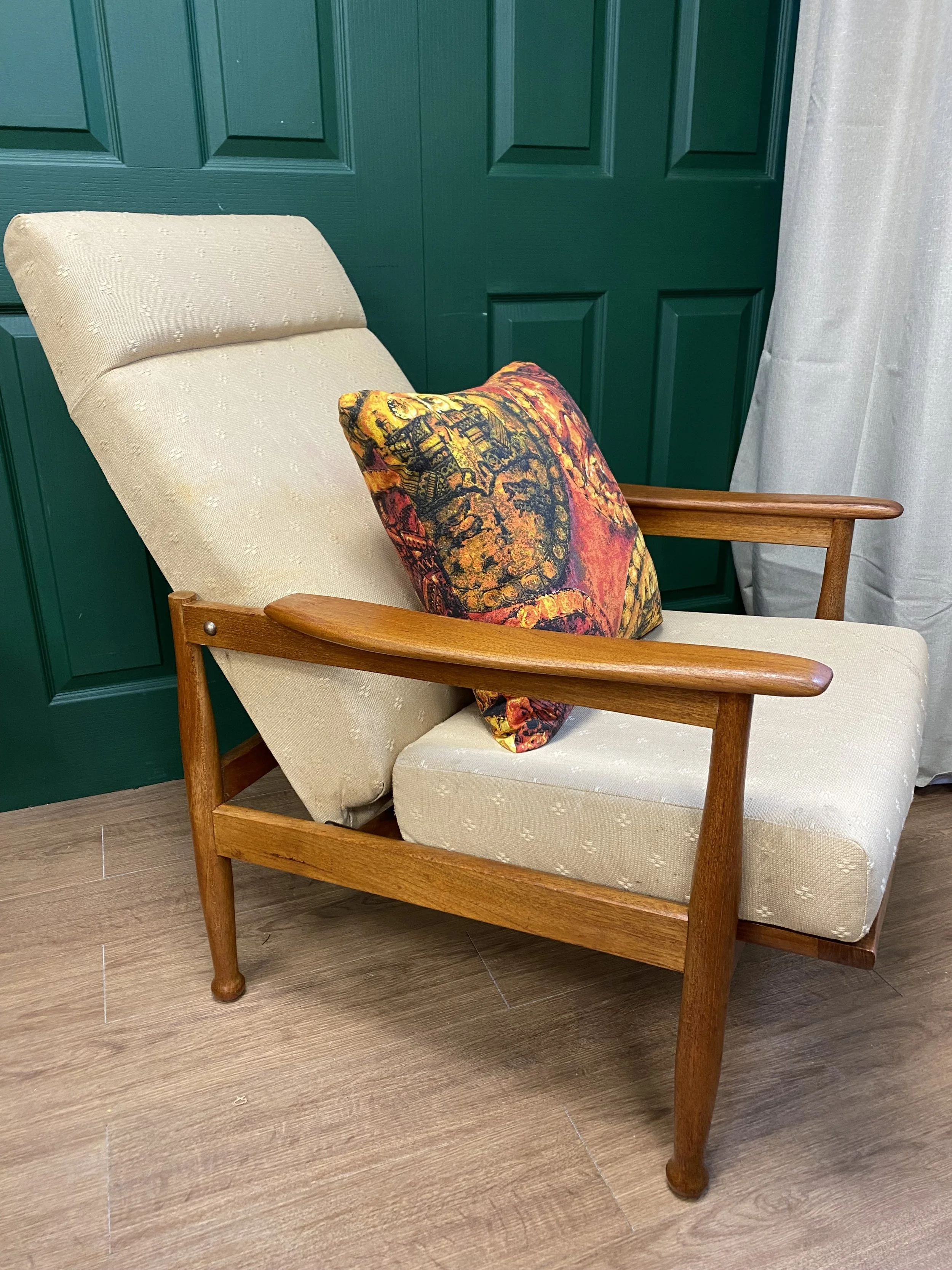 Mid century 1960s afromosia framed Guy Rogers Manhattan reclining armchair sold restored and reupholstered