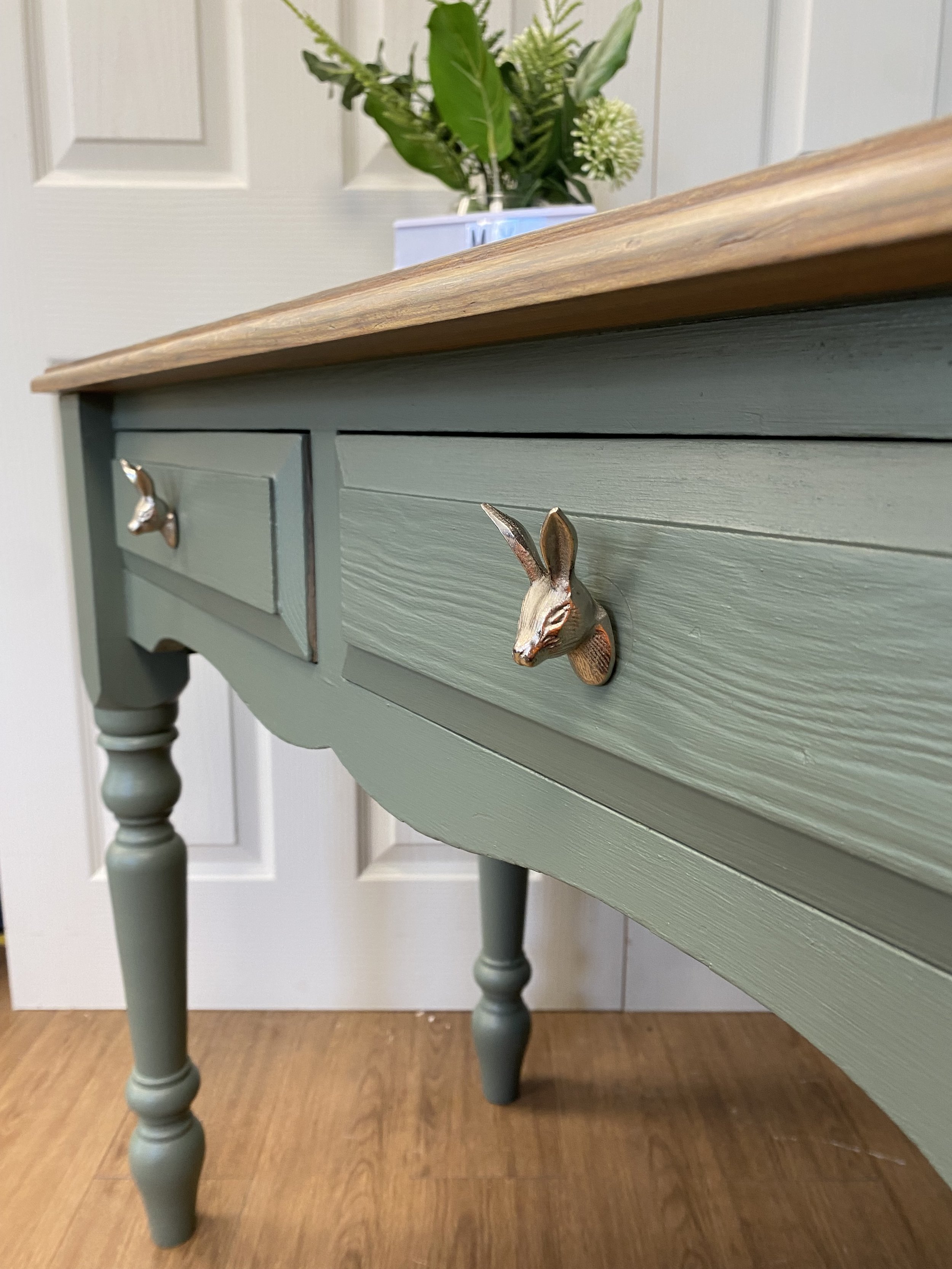Refurbished traditional farmhouse style pine console table, desk, dressing table or small table sage green