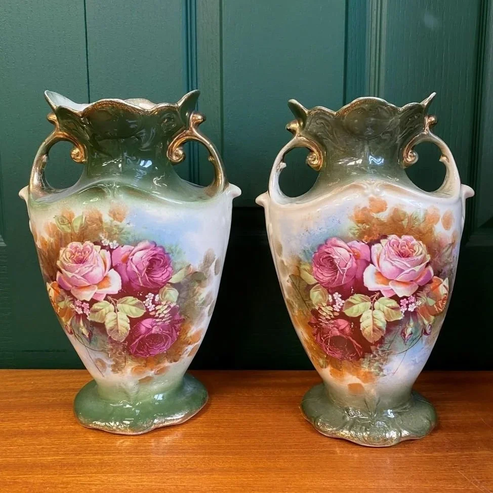 Pair of Antique Victorian WA & L Pottery Mantle Vases Green