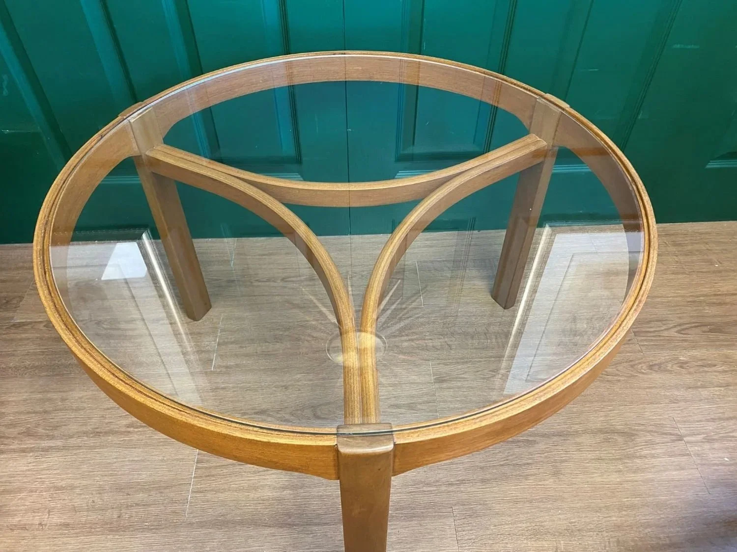 Mid century 1960s Danish style teak Nathan Trinity circular glass coffee table nest of tables