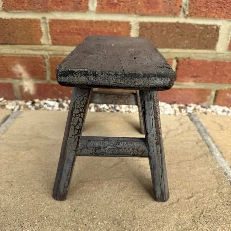 Small vintage wooden milking stool paint washed with crazed effect