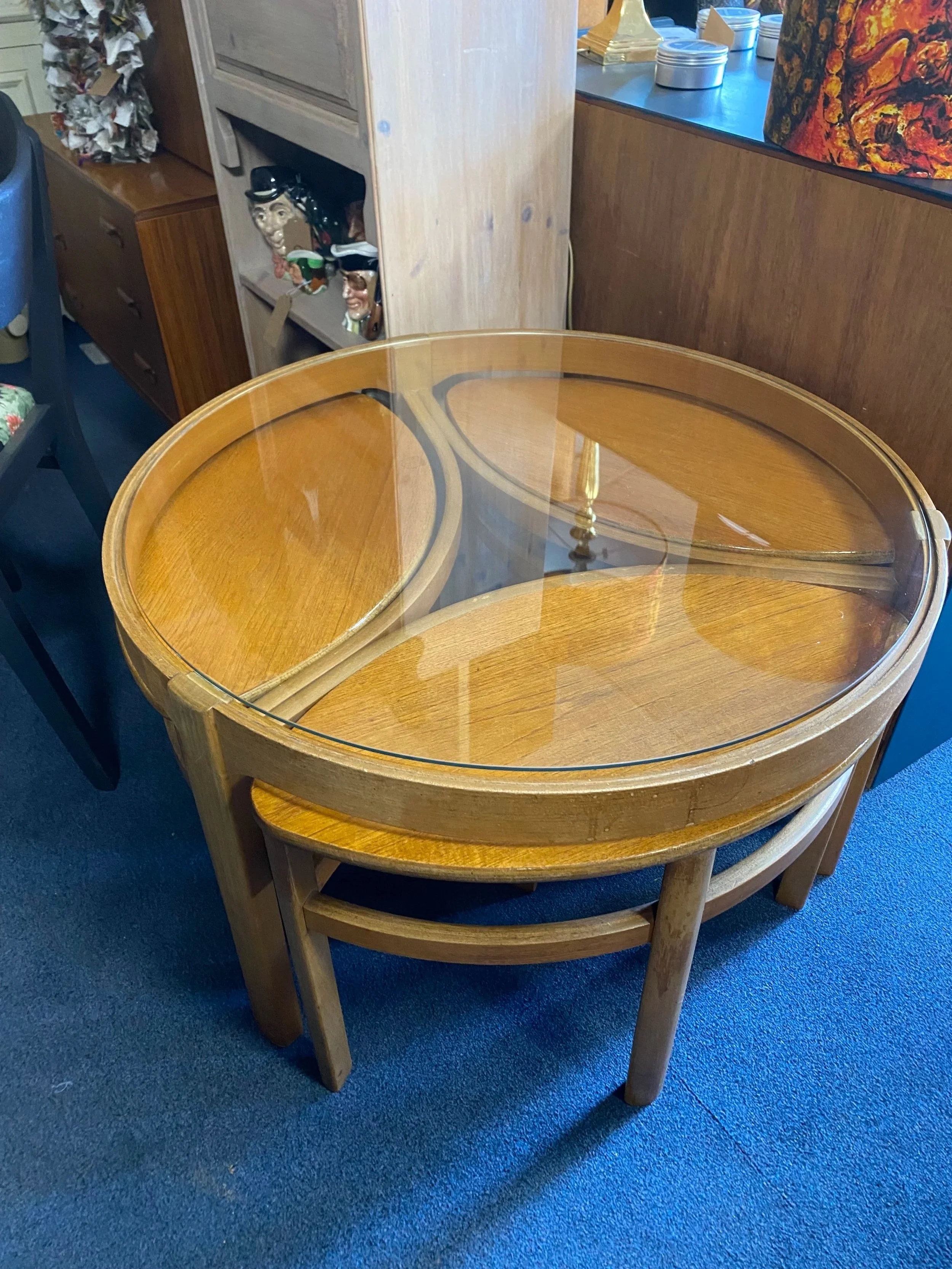 Mid century 1960s Danish style teak Nathan Trinity circular glass coffee table nest of tables