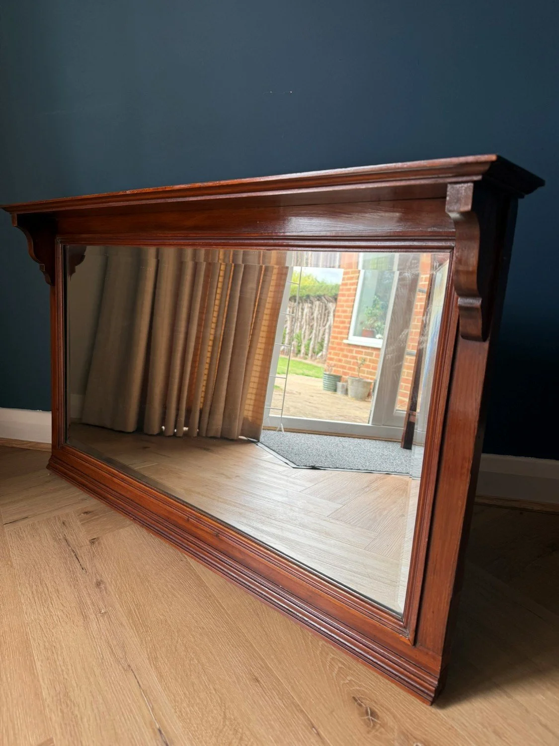 Antique Edwardian rectangular mahogany over mantle wall mirror