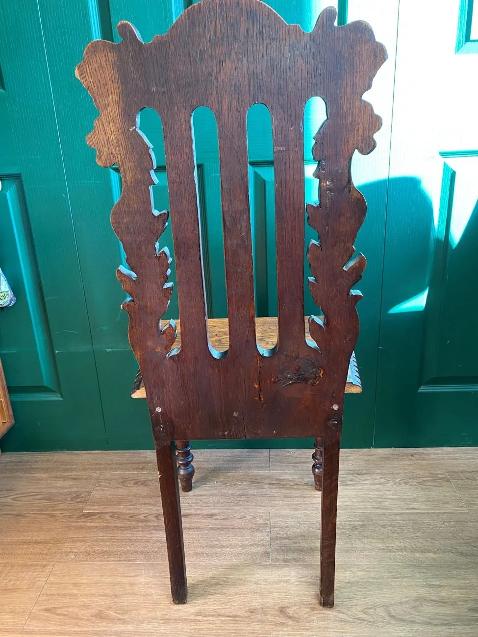 Antique Victorian solid oak carved hall chair