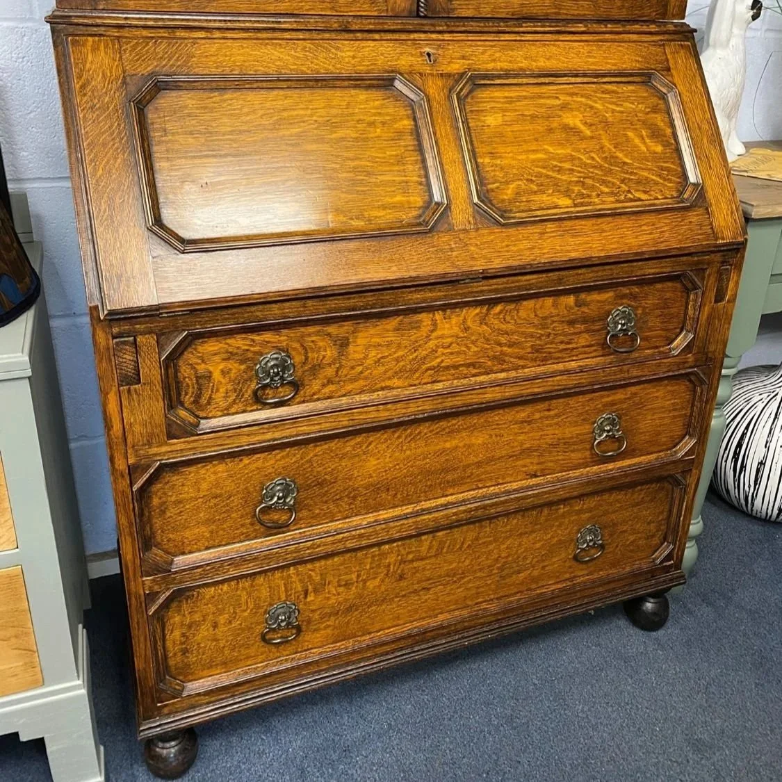 Edwardian antique oak bureau glazed bookcase