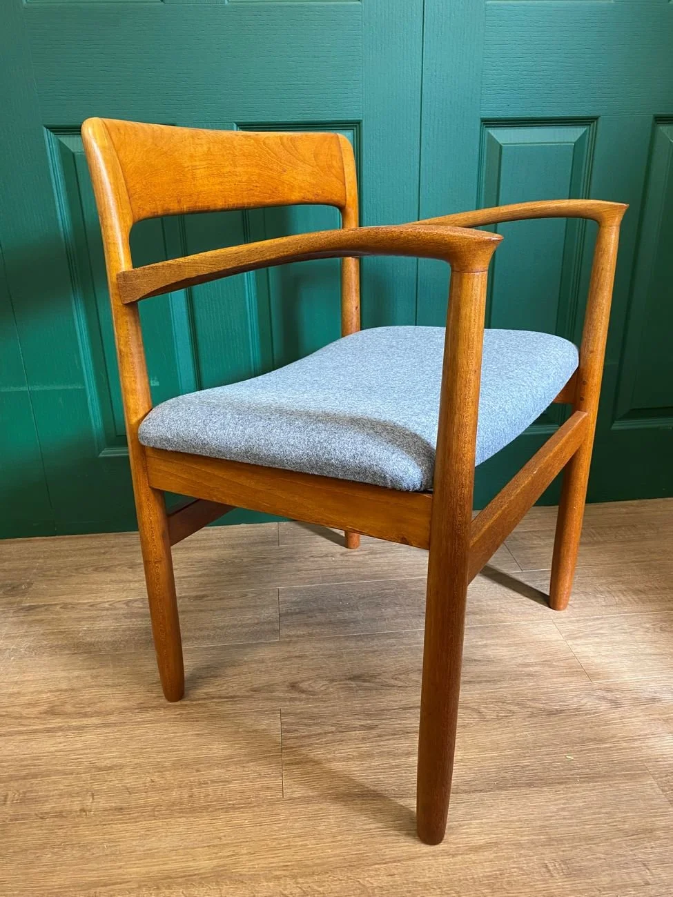 Restored and reupholstered 1960s John Herbert for Younger teak carver chair grey