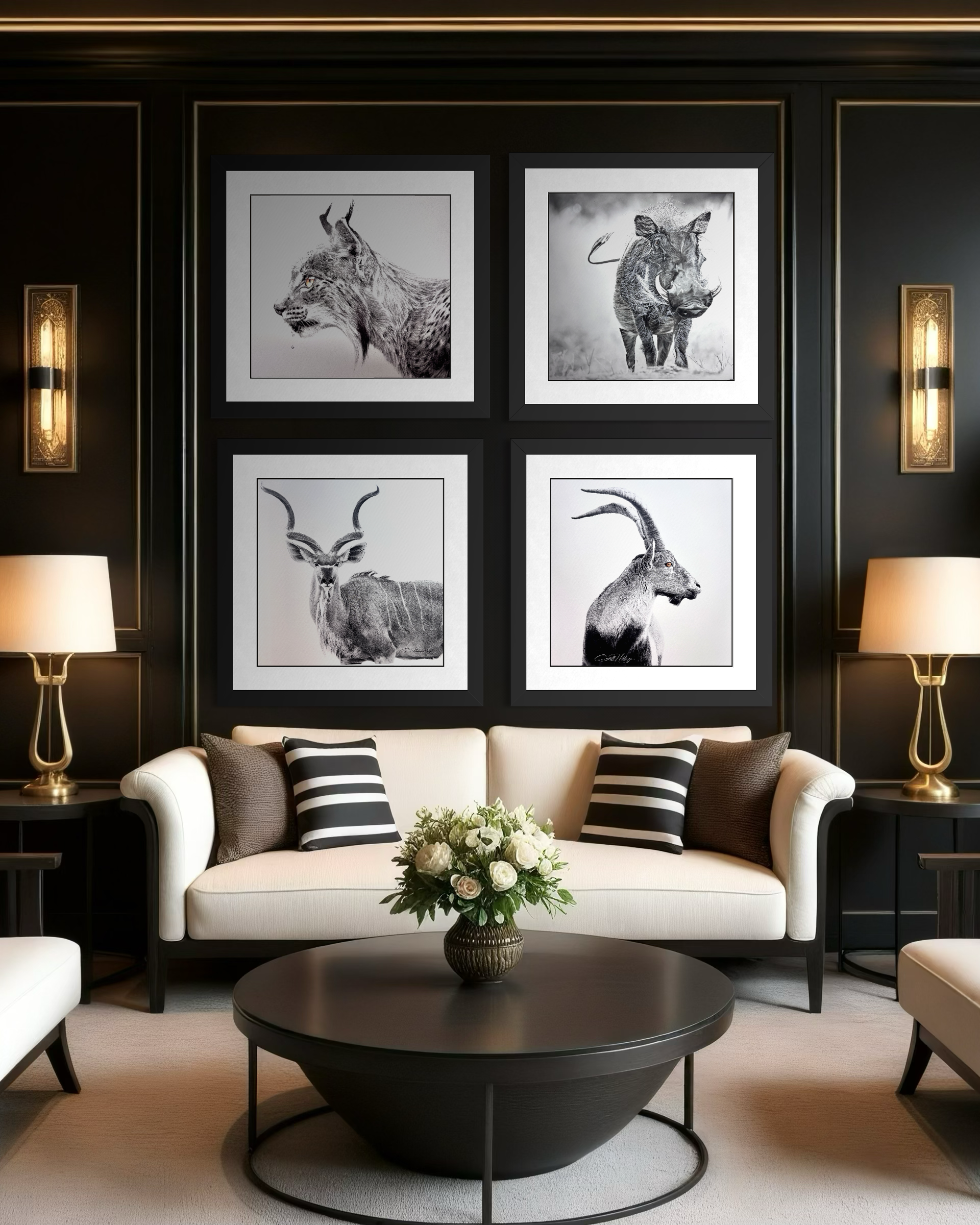 A mock up living room with a white sofa, black and white striped pillows, black walls, framed Endangered Inks animal artwork, lamps, and a coffee table with a floral arrangement.