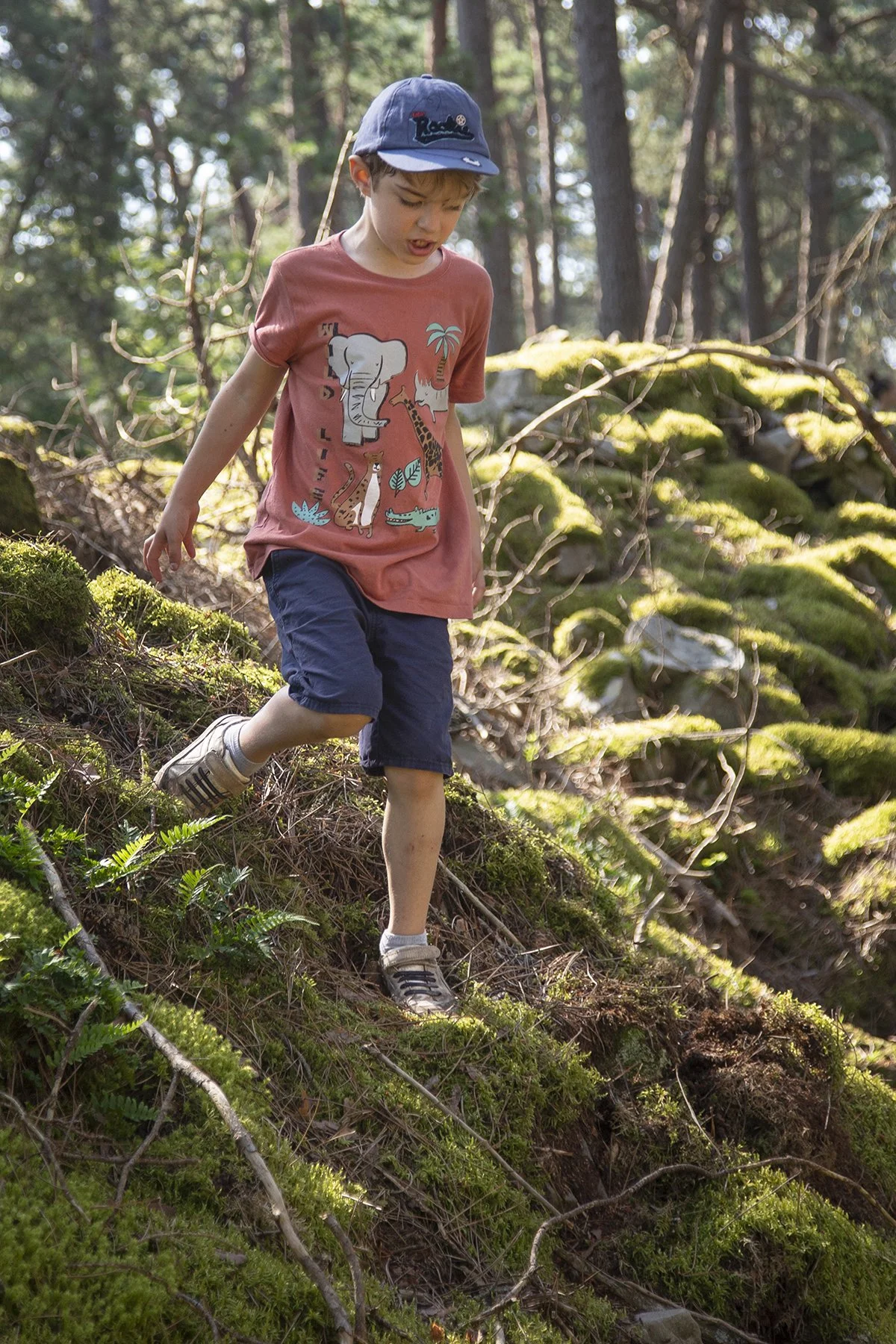 A young boy wearing a blue cap, coral t-shirt with animal graphics, navy shorts, and sneakers walks on a mossy forest trail.
