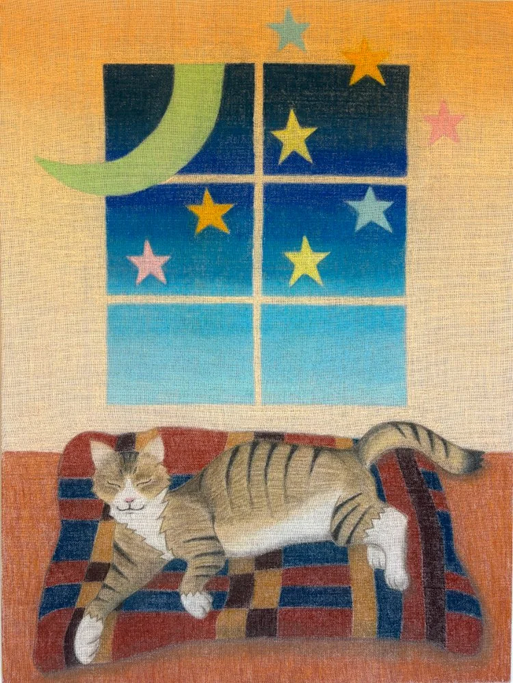 "Monster Man Resting Before his Big Journey to the Cat Planet"
soft pastel on burlap, 36" x 48"
2026