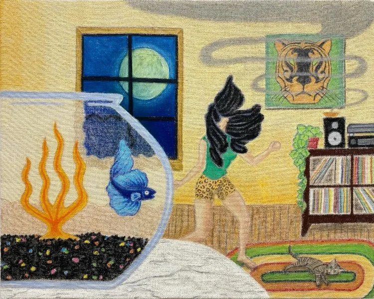 "Sister Midnight"
Wax pastel, oil pastel, and soft pastel on burlap
24" x 30" 2025