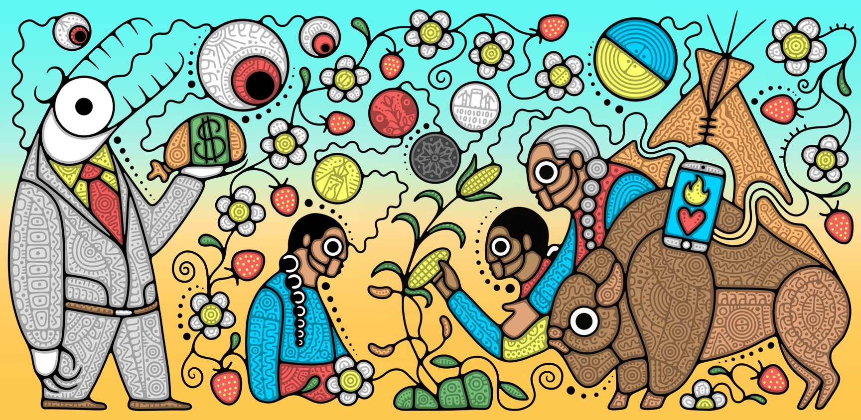 Indigital image depicting Indigenous community and their relationship to technology, the land, and trying to make it in a capitalistic driven economy