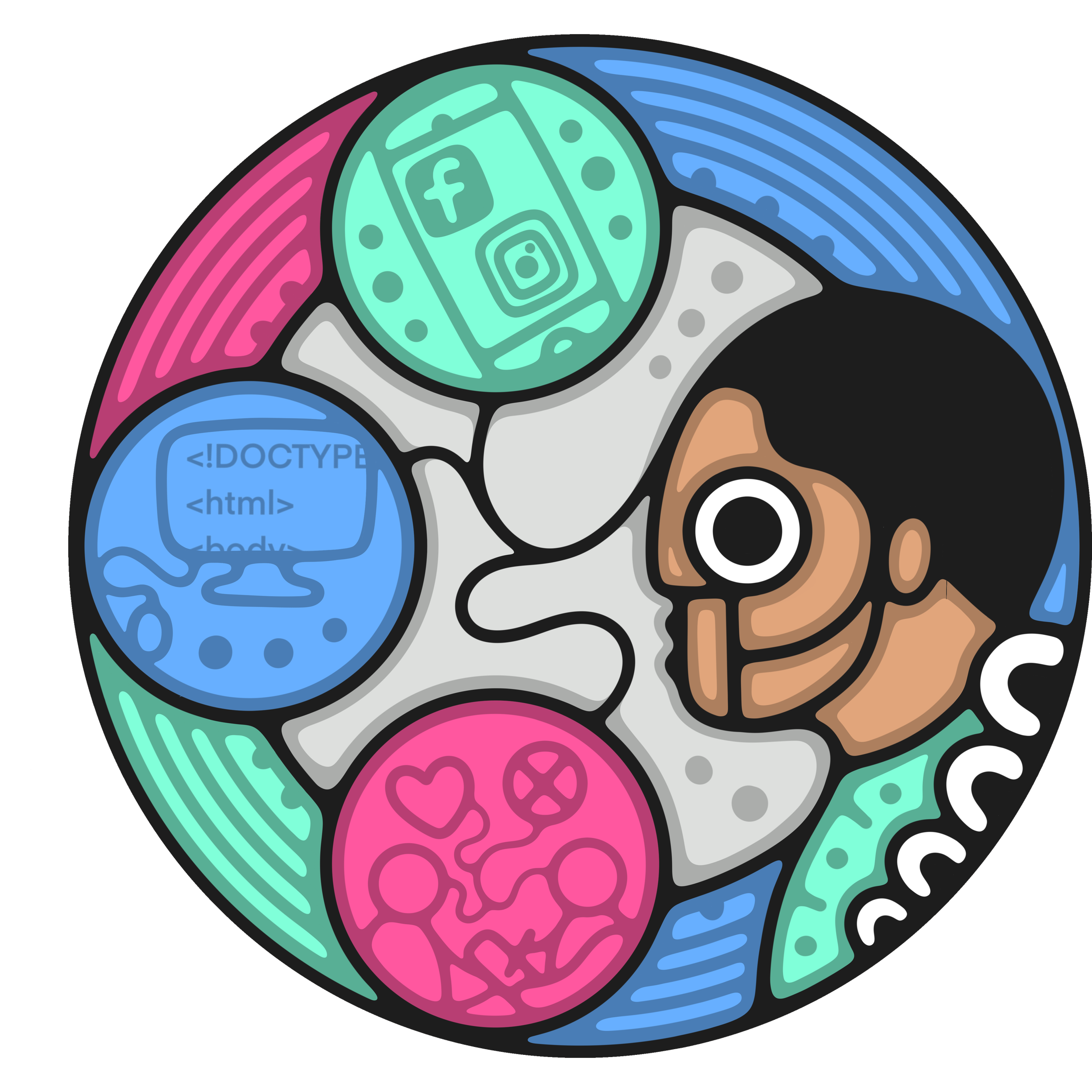Indigitech logo depicting blue, pink, and aquaartwork of an Indigenous person connecting and thinking about communicating through technology