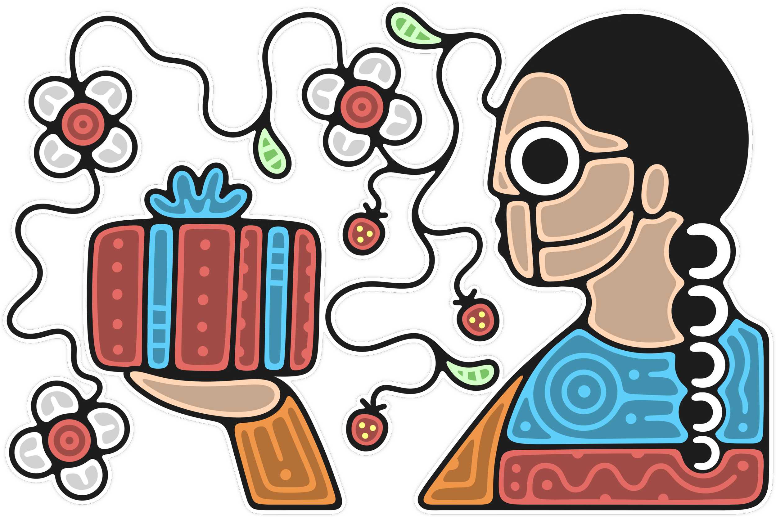 Image of srtwork of an Indigenous person holding a gift surrounded by flowers and berries