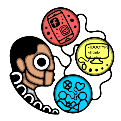 Indigital artwort depicting an Indigenous person making knowledge connections to communications through technology