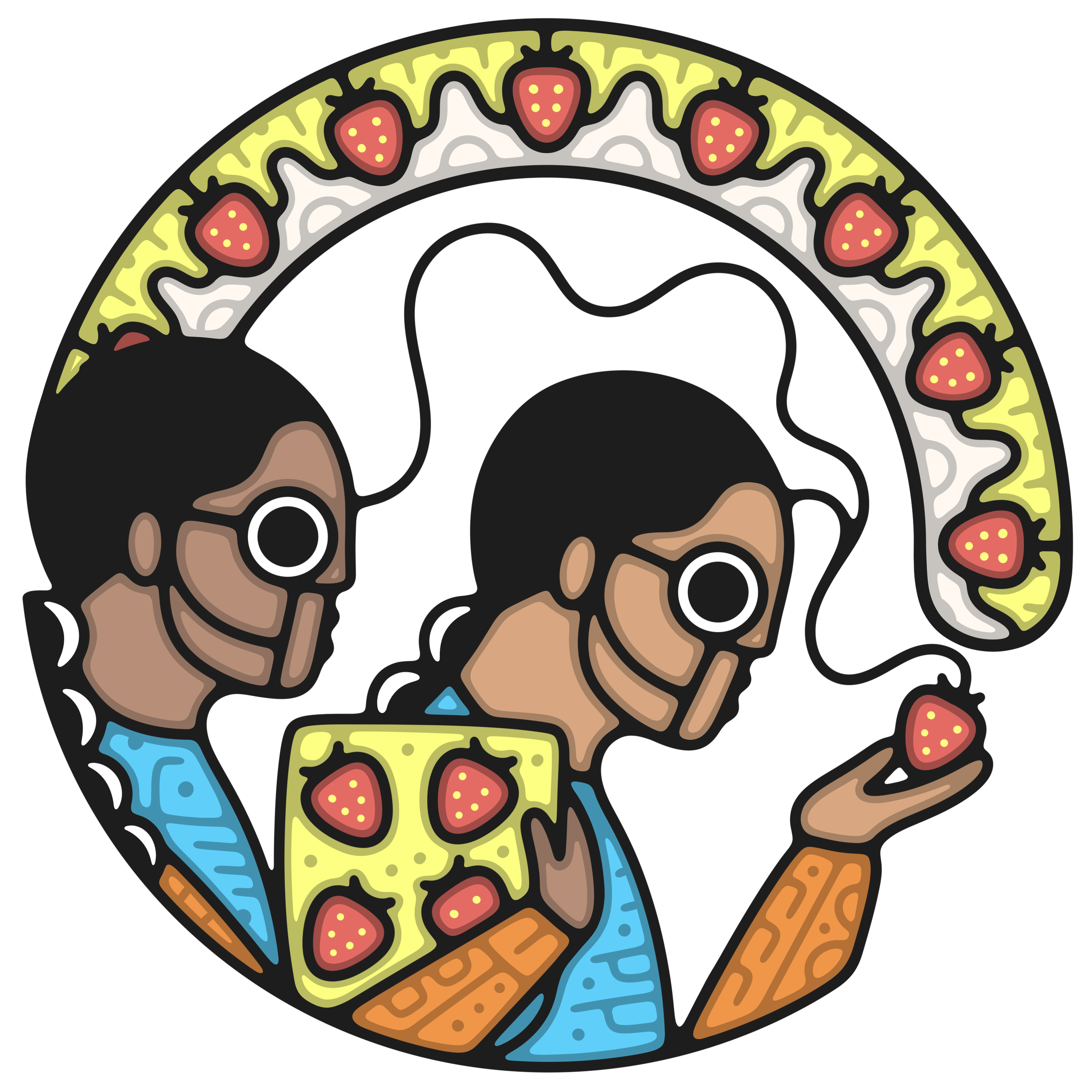 Picture of Indigenous Friends Association artwork depictingtwo Indigenous people who are connecting and sharing berries