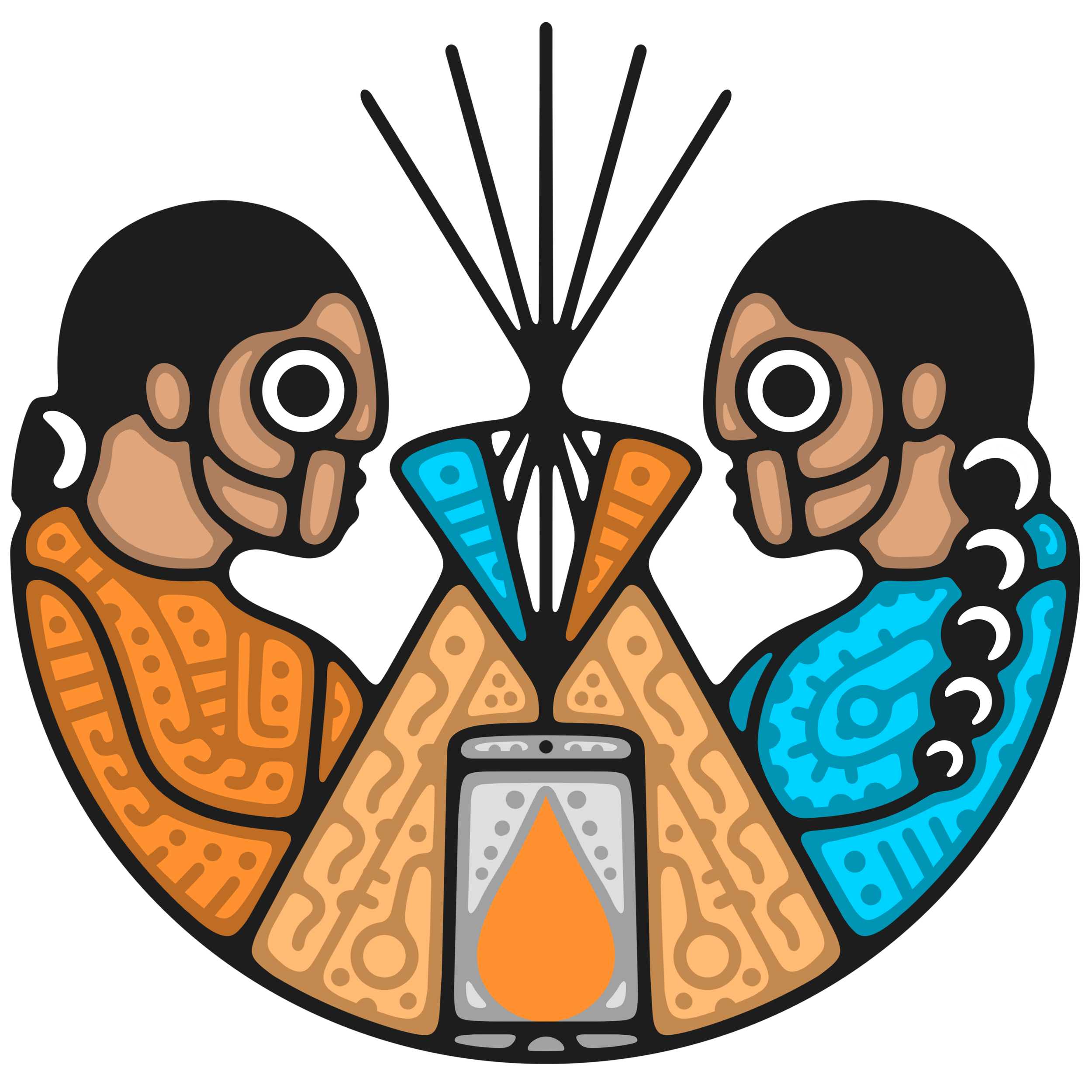 Indigenous Friends Association alternate logo depucting two Indigenous people on either side of a teepee with a cell phone in the center