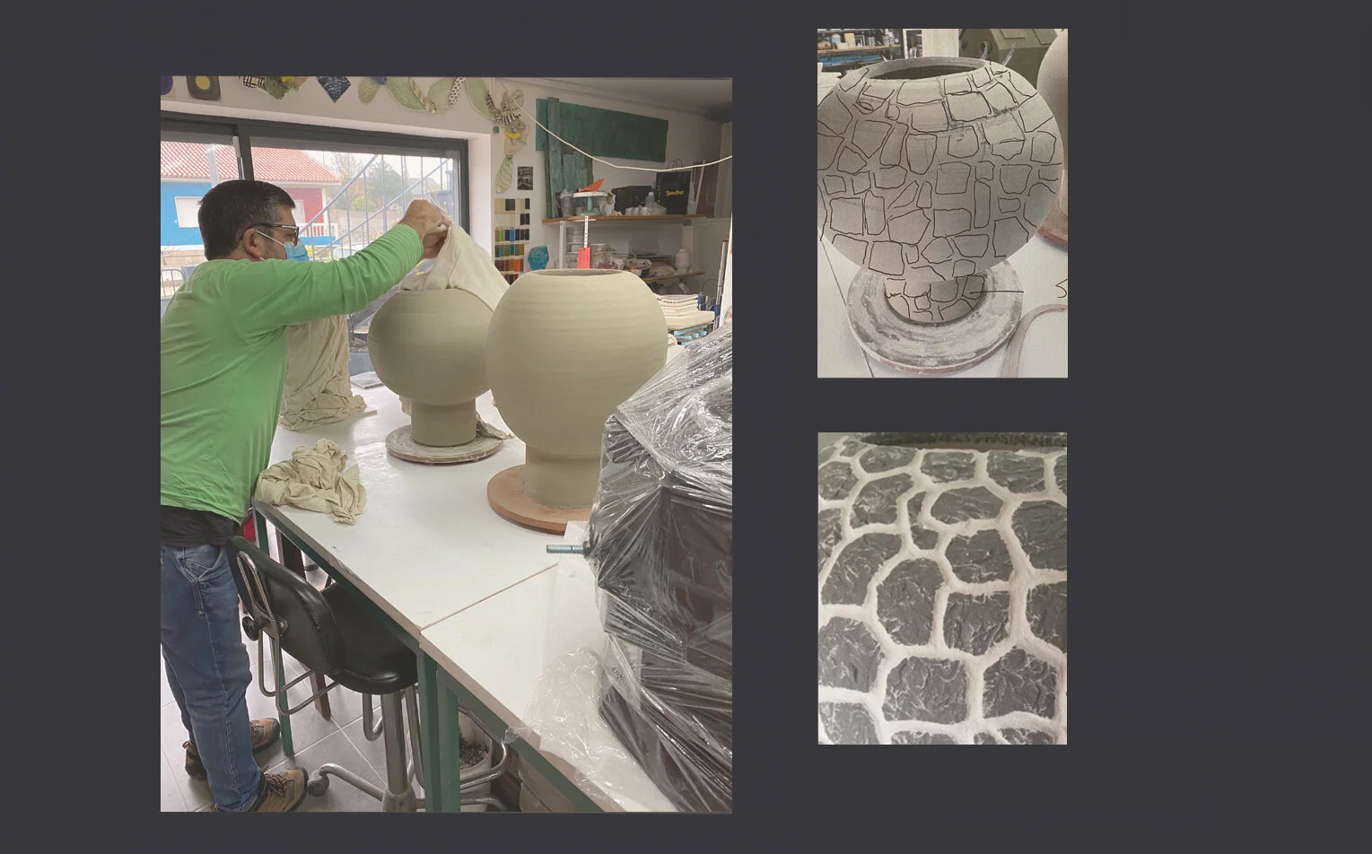 A person wearing glasses and a face mask is working on a large ceramic vase at a pottery studio. The studio has a window with outdoor scenery, shelves with supplies, and a worktable with pottery pieces. Two smaller images show a top view of a partial