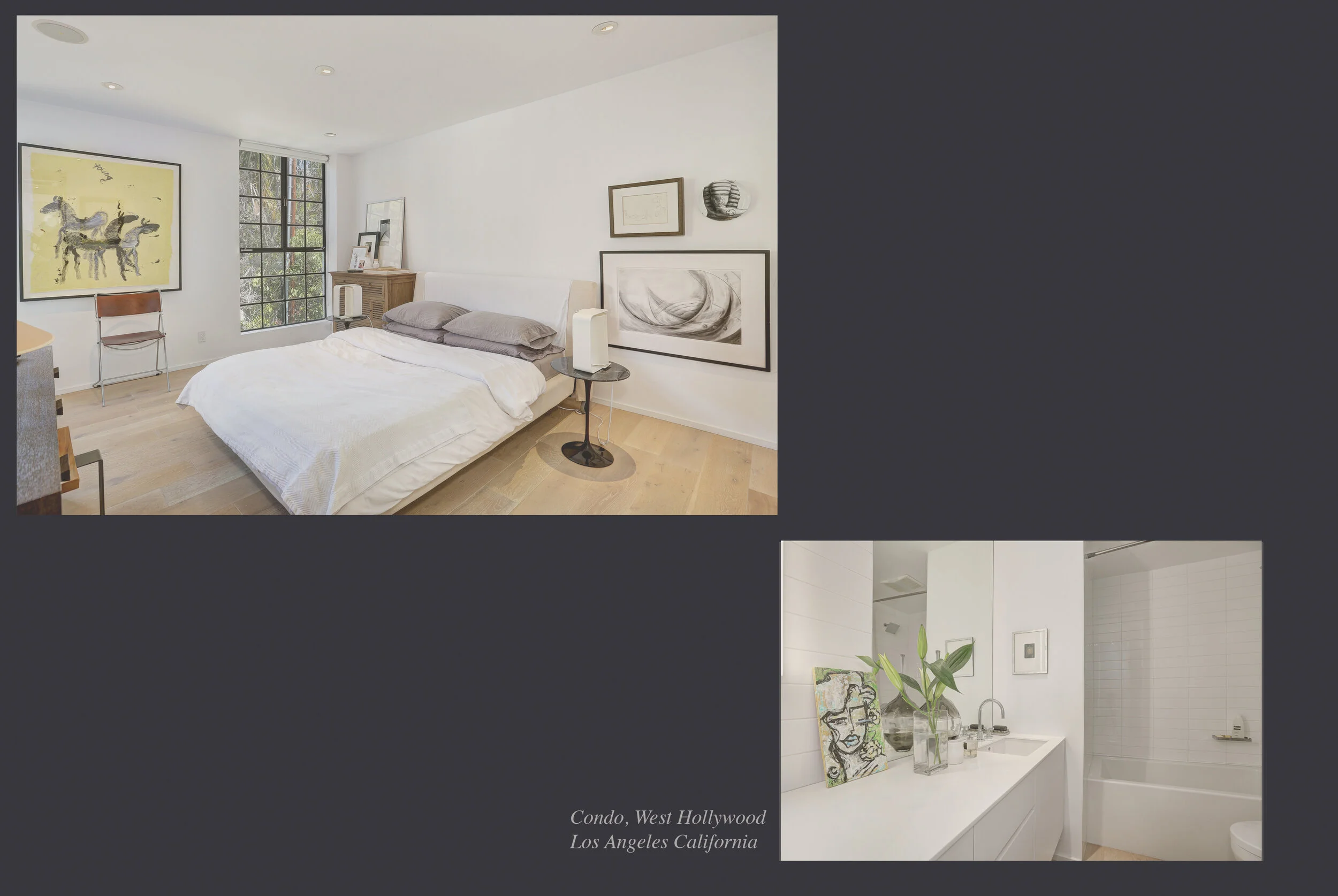 Interior view of a bedroom with white walls, large window, and artwork including a large yellow piece with an animal, and other framed art. The bed has white bedding and gray pillows, with a bedside table that has a white air purifier on it. There is