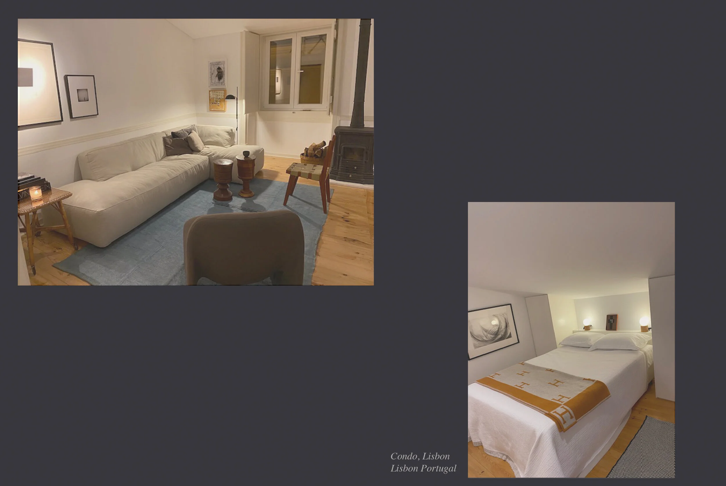 Interior of a modern living room and bedroom in a condo in Lisbon, Portugal. The living room has a long beige sofa with pillows, wooden side tables, a blue rug, and artwork on the wall. The bedroom has a bed with white linens and an orange and white 