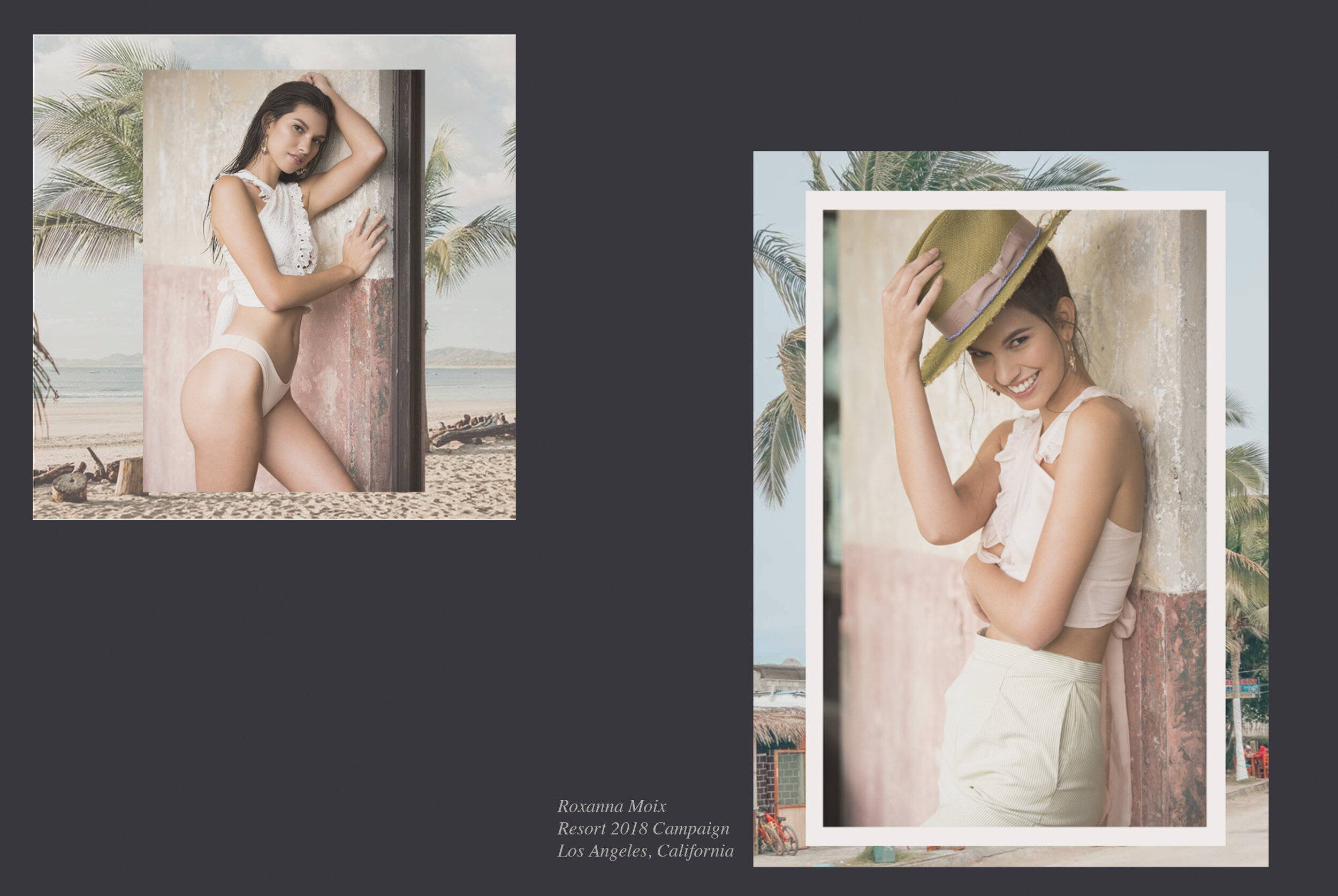 Two photos of women at a beach, one in a white bikini with dark hair, and the other in a white ruffled top with a wide-brimmed hat, both posing near a weathered wall with palm trees in the background and a sandy beach scene.