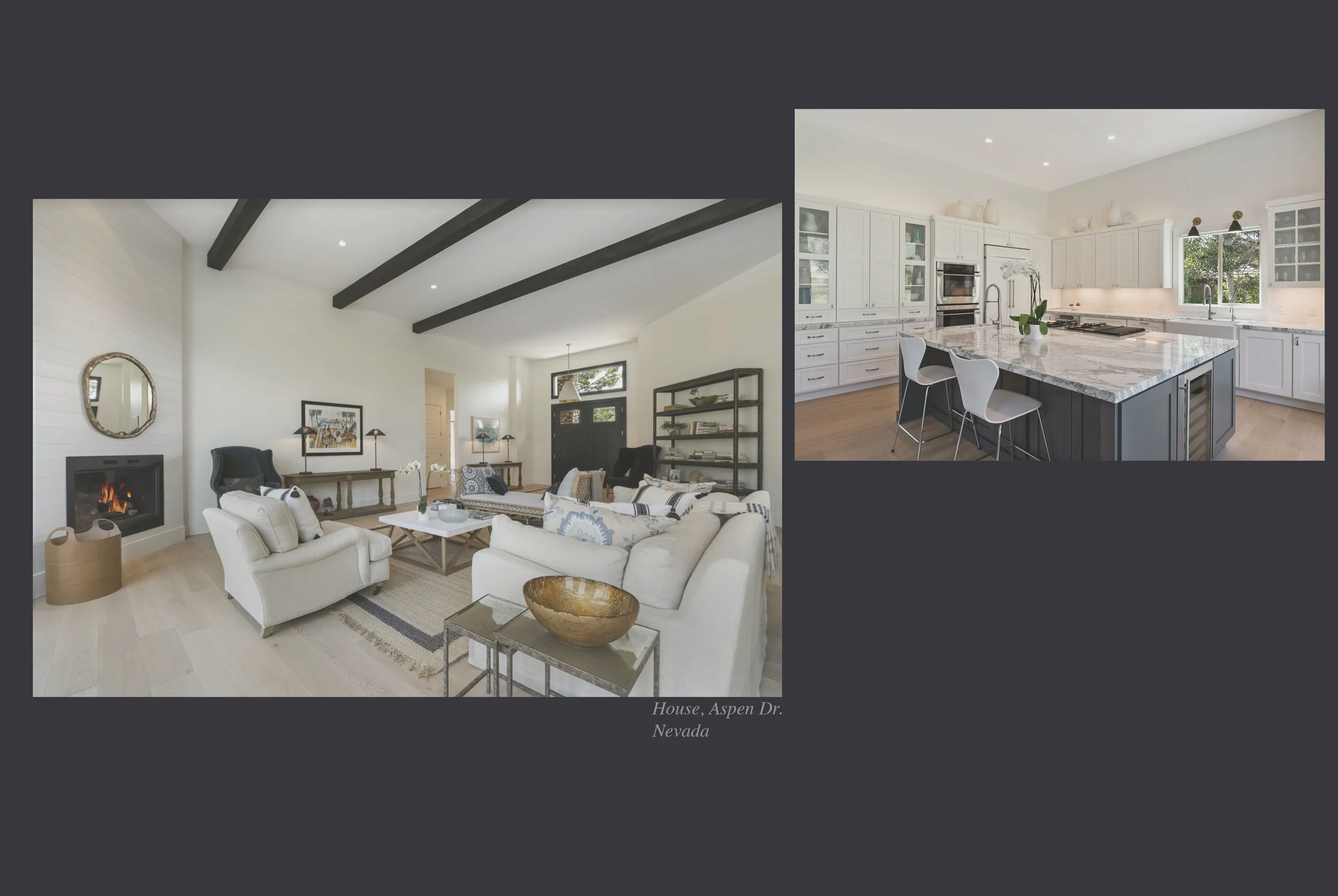 Left image shows a bright living room with white sofas, a fire in the fireplace, and black ceiling beams. Right image shows a modern, white kitchen with marble countertop, built-in oven, and a window with trees outside.