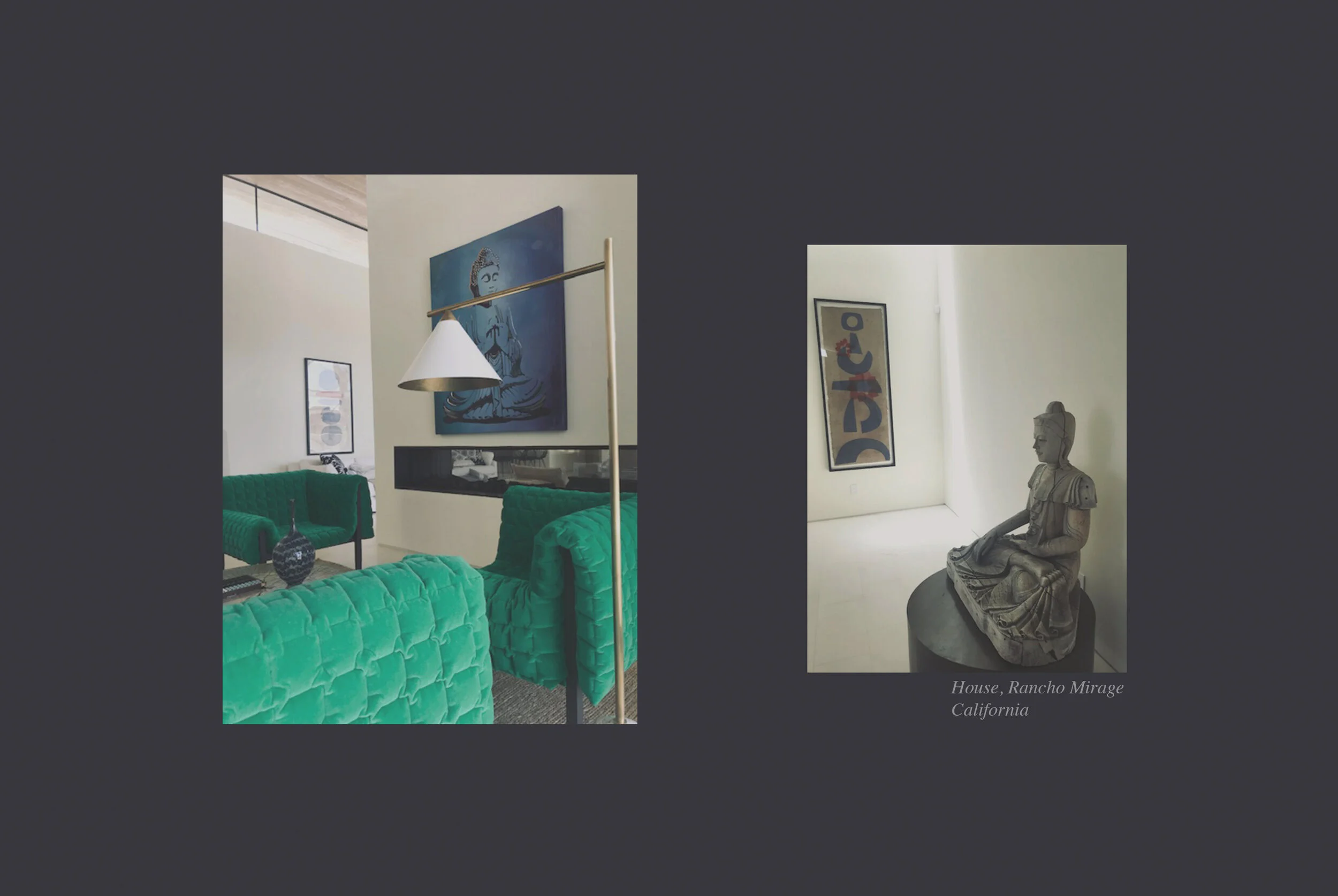 Interior of a modern house with a seating area featuring green tufted chairs, artwork on the walls including a large portrait and a vertical framed piece, a white lamp, and a sculpture of a seated figure. The house is located in Rancho Mirage, Califo