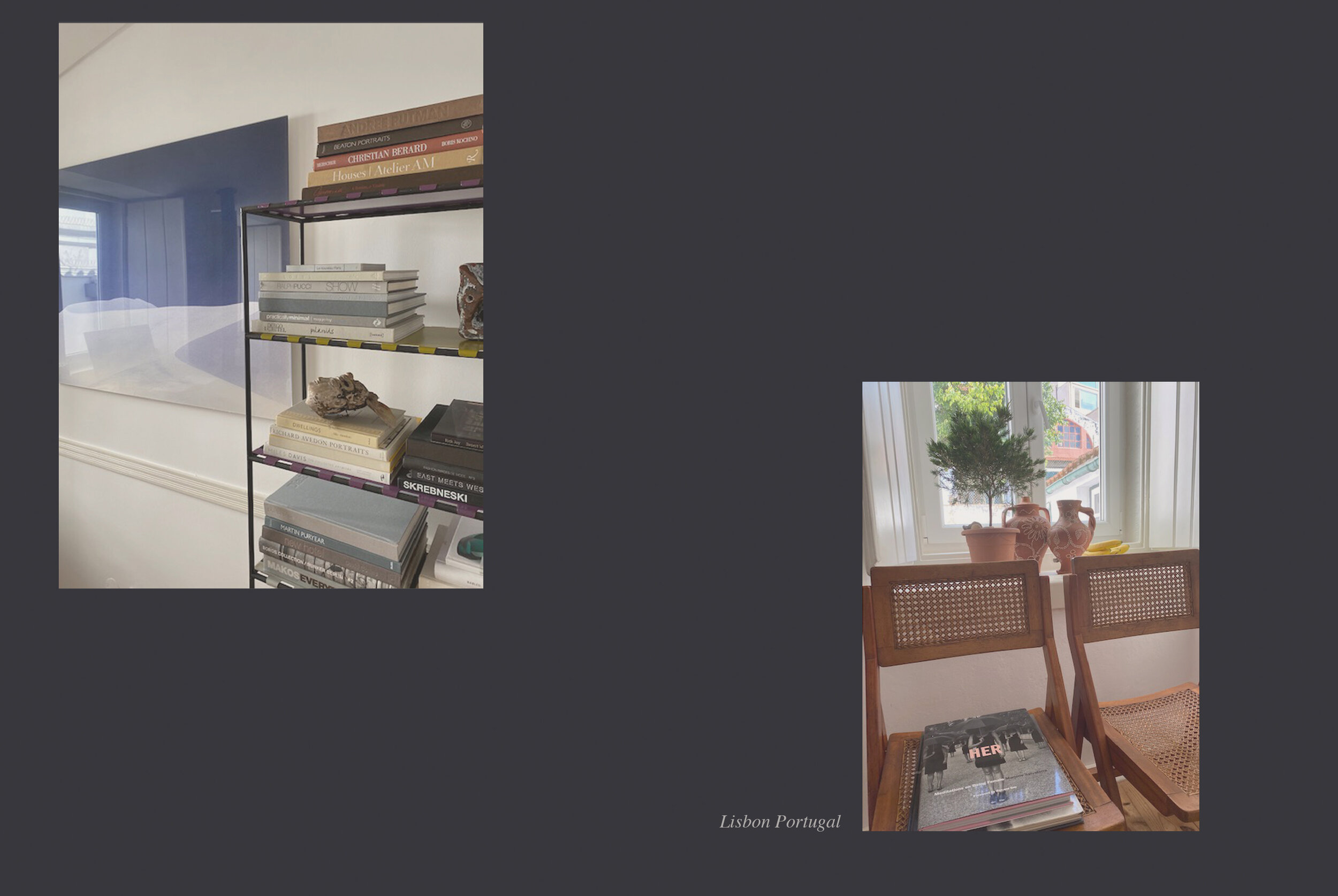 Interior view of a room with a bookshelf holding books and decorative items, a window with greenery outside, and a dining area with wooden chairs and vases on the windowsill.