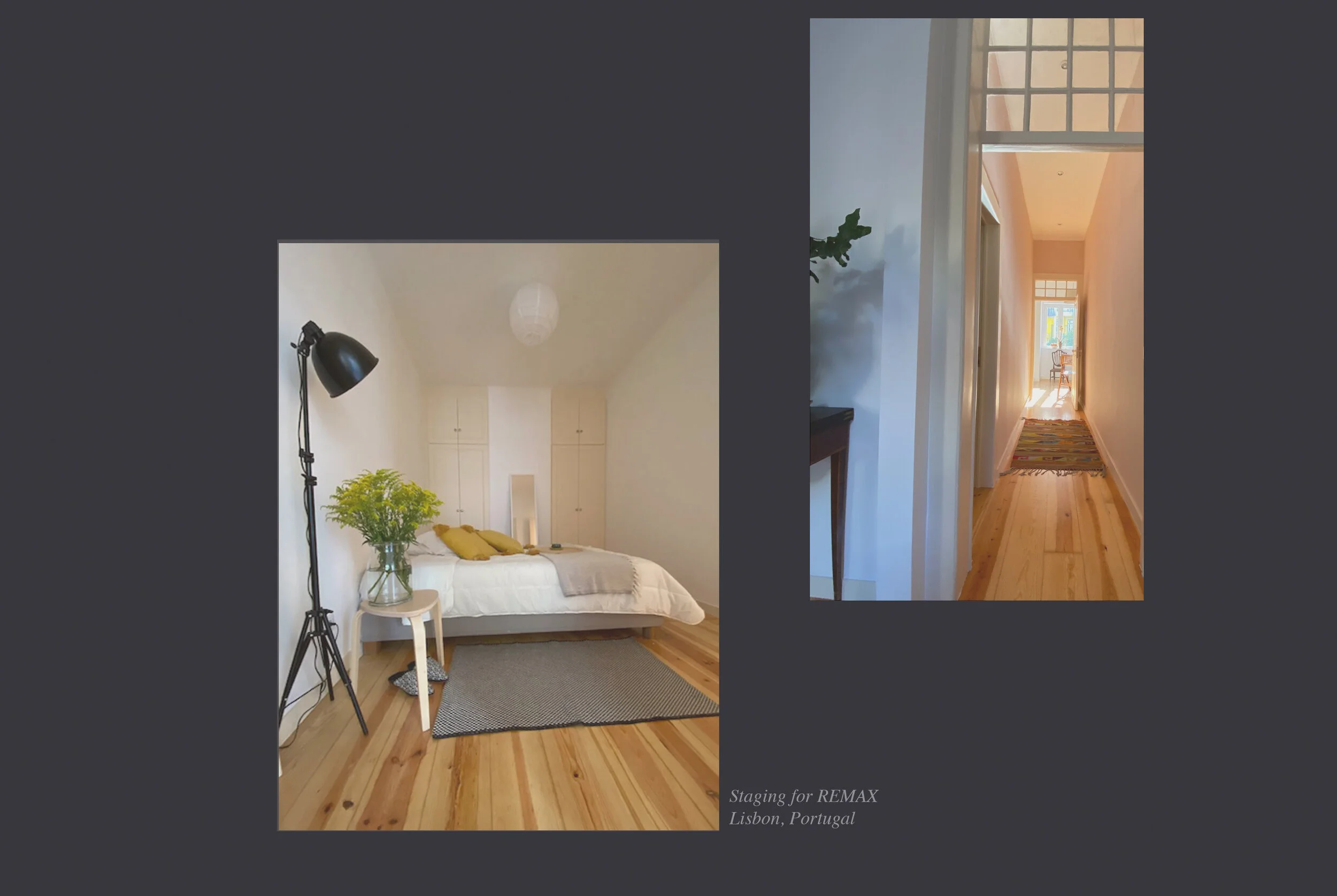 Interior view of a bedroom with a white bed, yellow pillows, a black floor lamp, a small white stool, and a glass vase with green foliage. A hallway with a wooden floor, colorful rug, and daylight coming through windowed doors is visible.