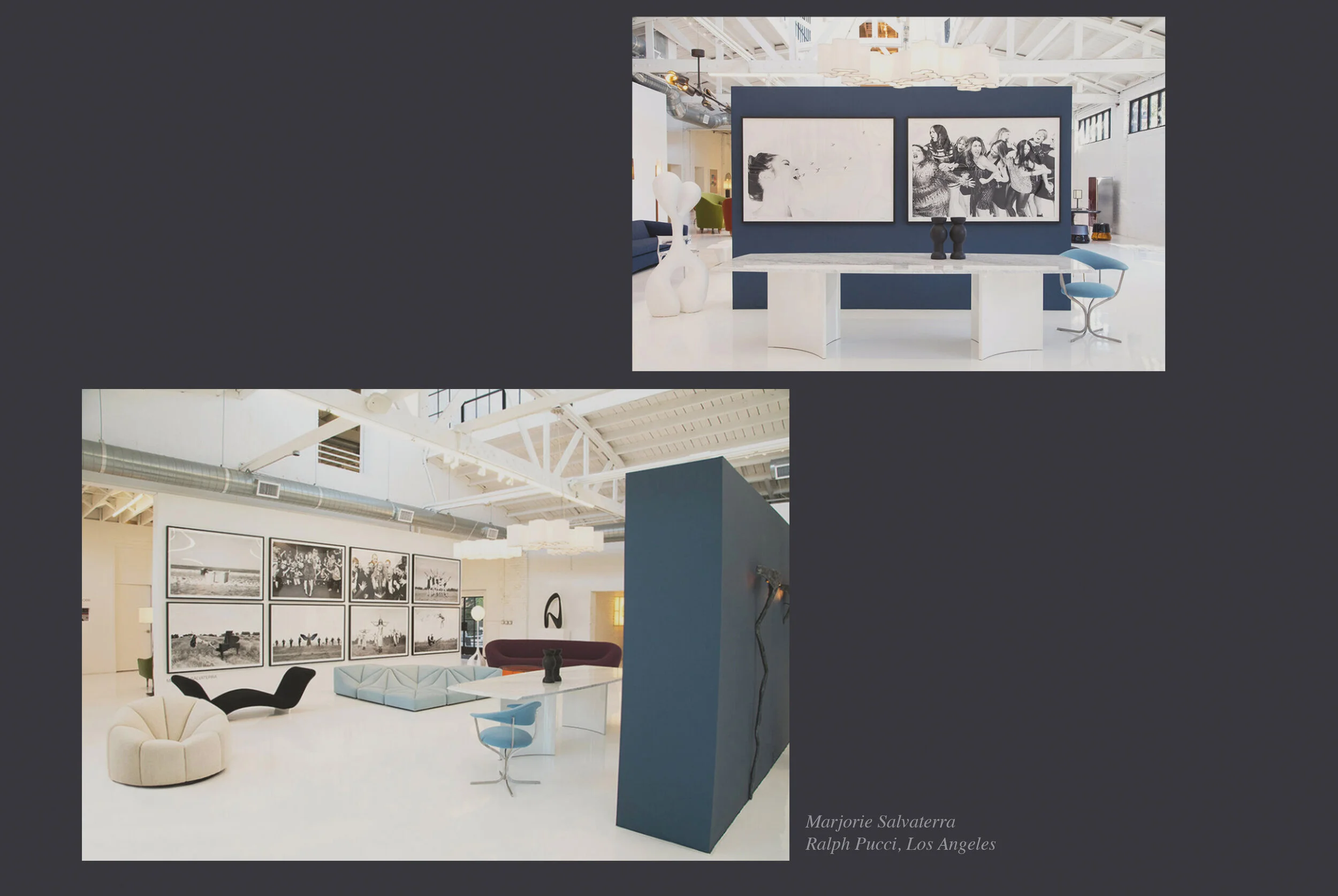 Interior view of an art gallery with white ceiling beams, black and white photographs on the wall, and modern furniture including a white circular chair, a black lounge chair, and a blue lounge chair, with a prominent blue wall displaying two large f