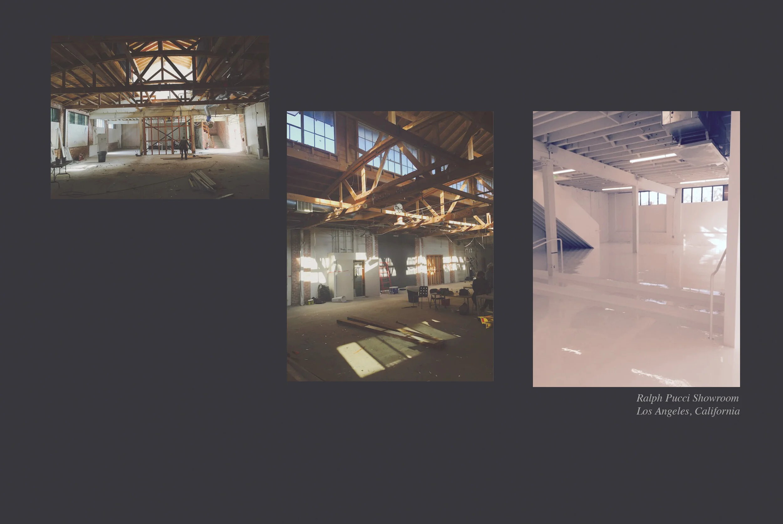 Construction site with wooden beams and partial interior walls, large open space, sunlight coming through windows, and workers present.