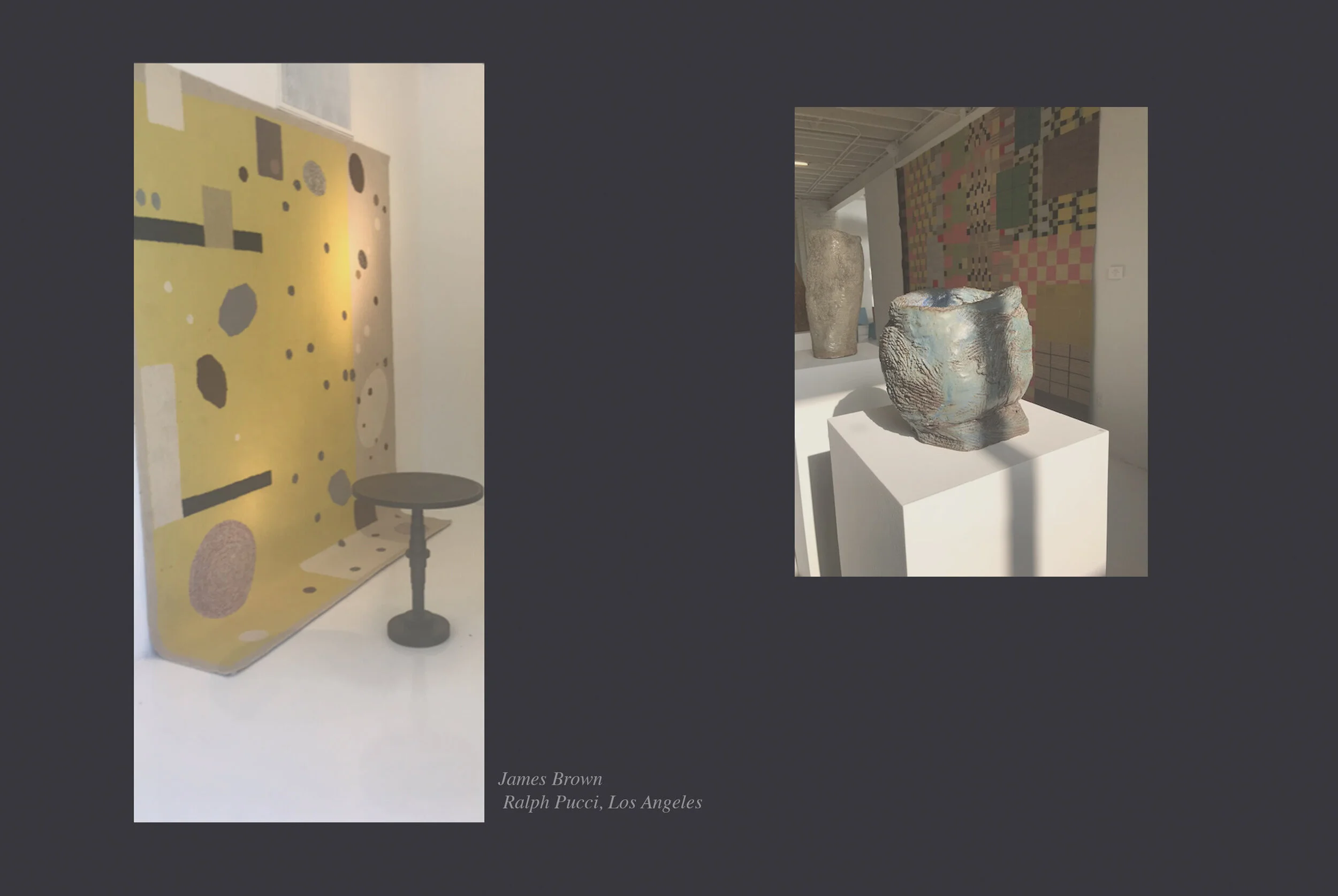 An art exhibit featuring a yellow abstract patterned wall and a small round table with a black sphere on top on the left, and a display of ceramic sculptures and colorful geometric patterned artwork on the right.