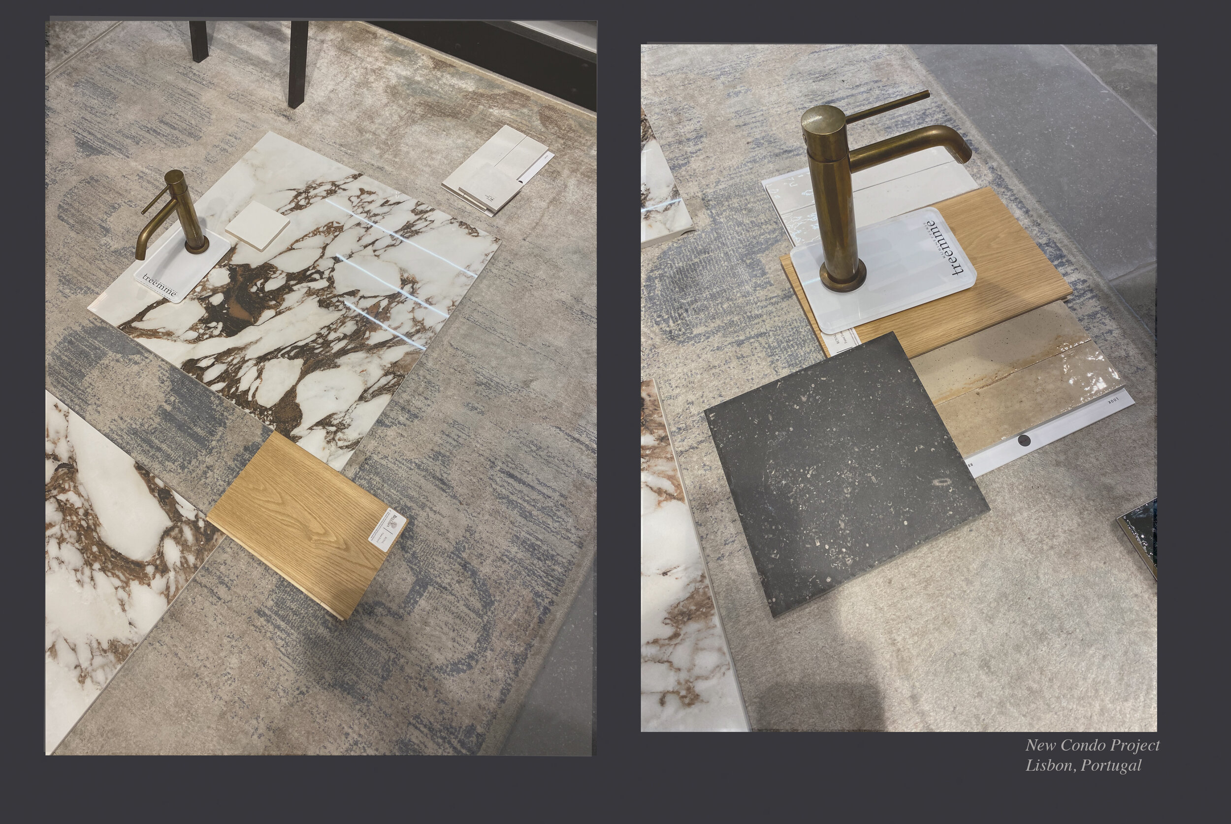 Two display boards showing samples of tiles and countertops, with a focus on marble, granite, and wood finishes. The left side features marble with brown veining, while the right side displays a black speckled stone and a wooden surface. A sink with 
