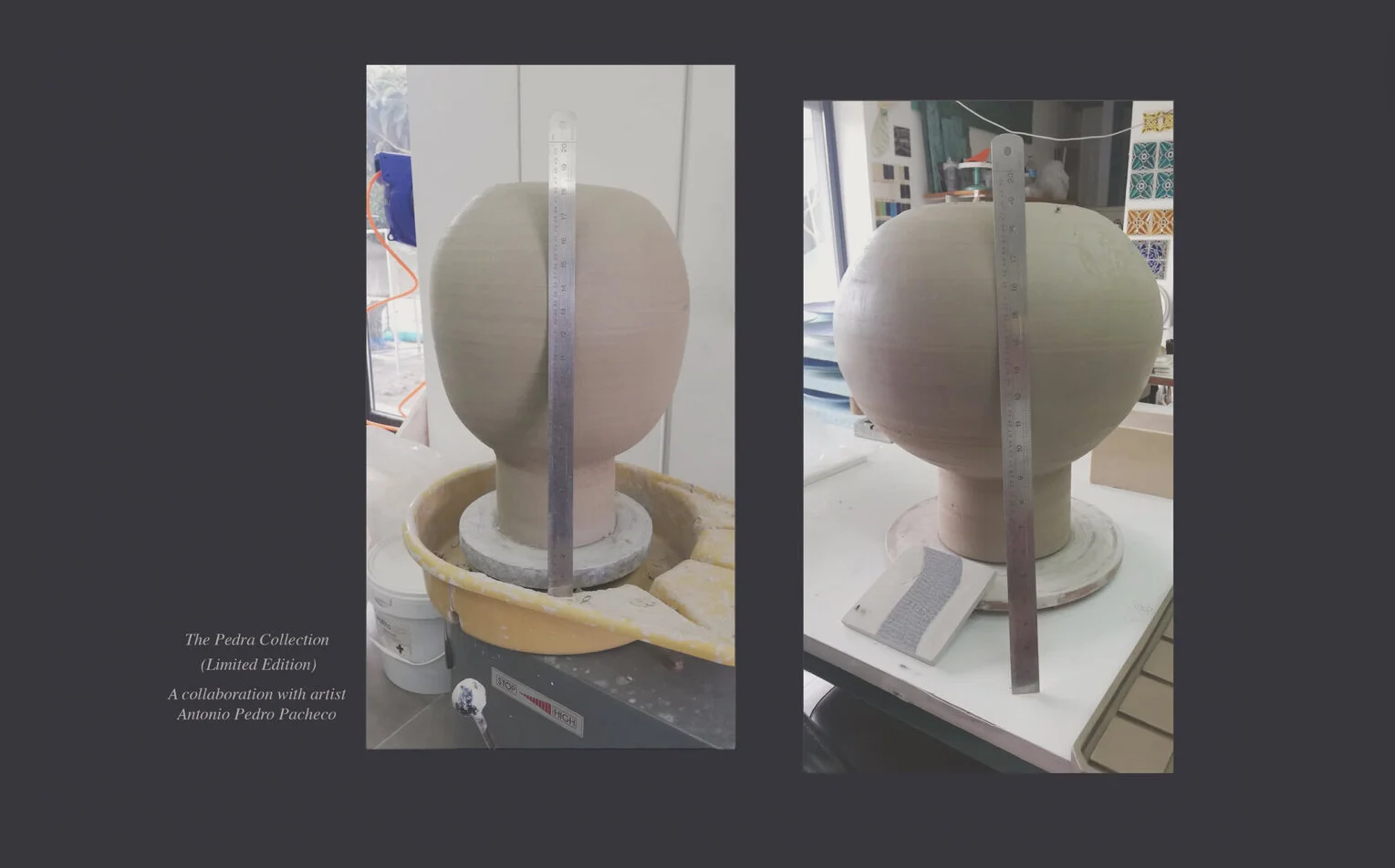 Ceramic sculpture in progress resembling a large, rounded head with a narrow base, being measured with a ruler in a studio setting.