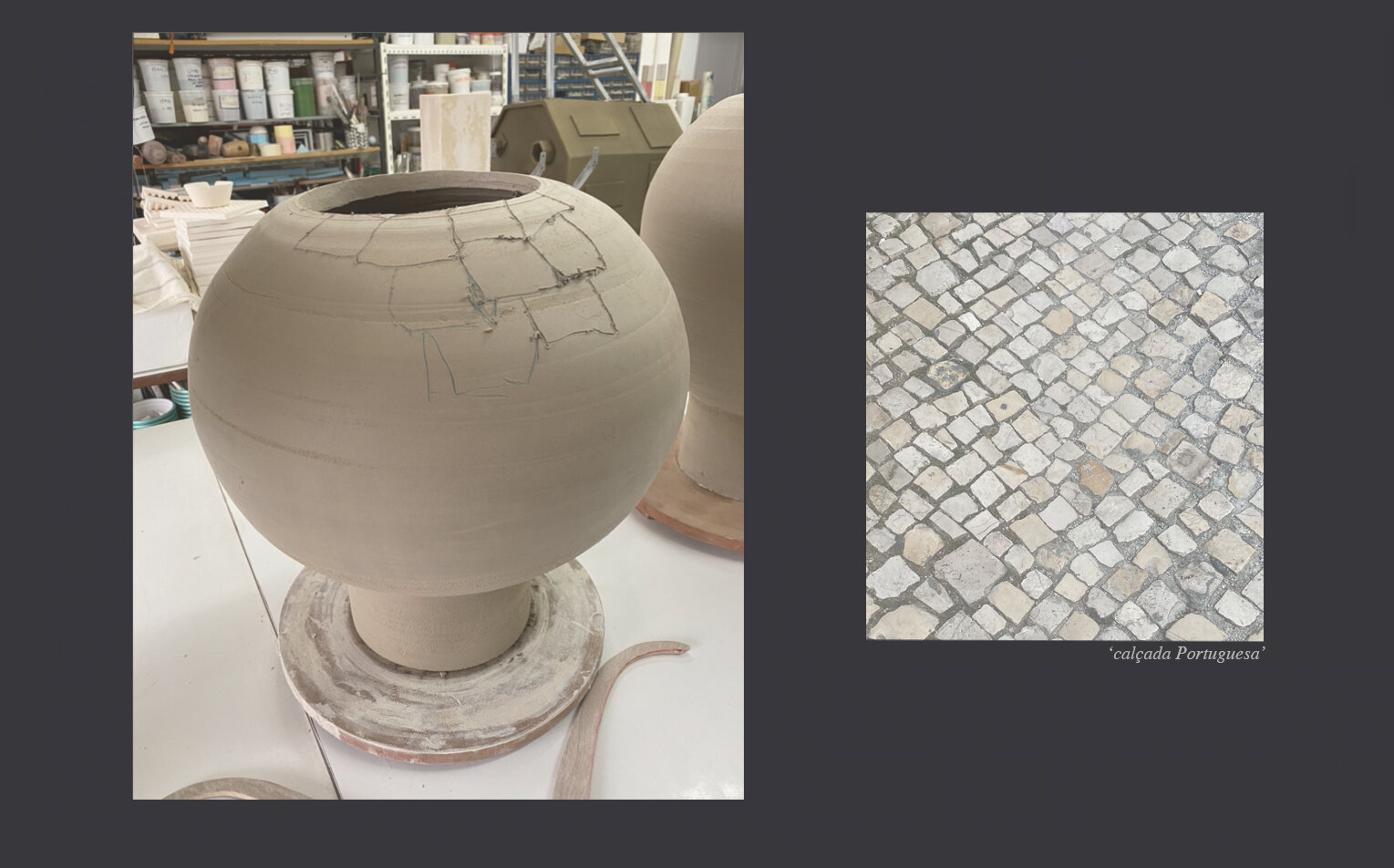 A ceramic vase in the process of being tiled with Portuguese cobblestone pattern, with the pattern shown in a separate inset image labeled 'calçada Portuguesa'.