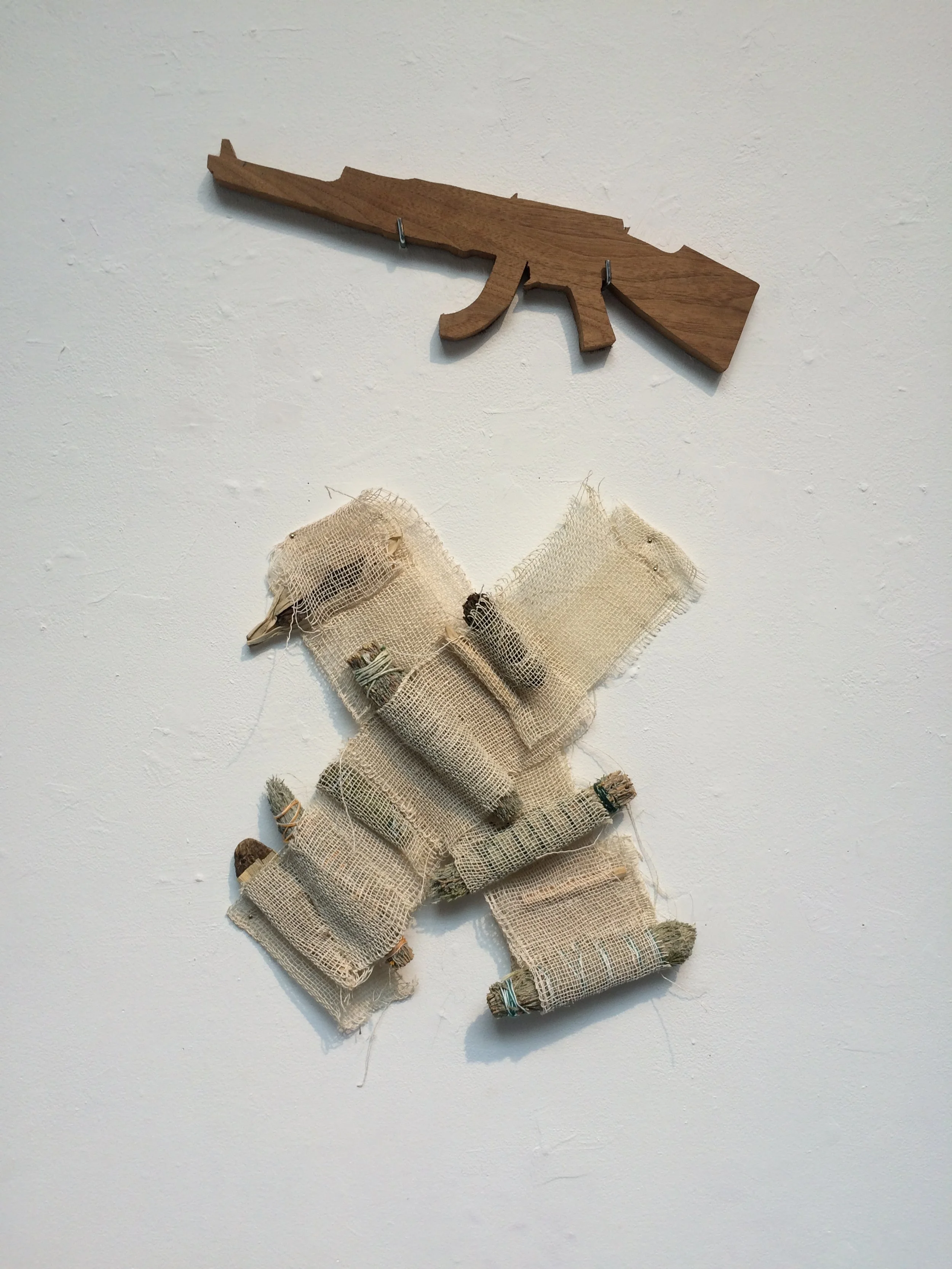 Spiritual Warrior
2022
Dimensions variable
Ayate cloth, ixtle fiber, carved rosewood, dried cedar, palo santo, white sage, coyote mint