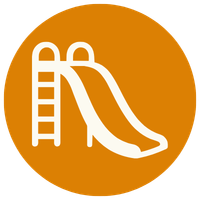 A playground slide icon inside an orange circle.