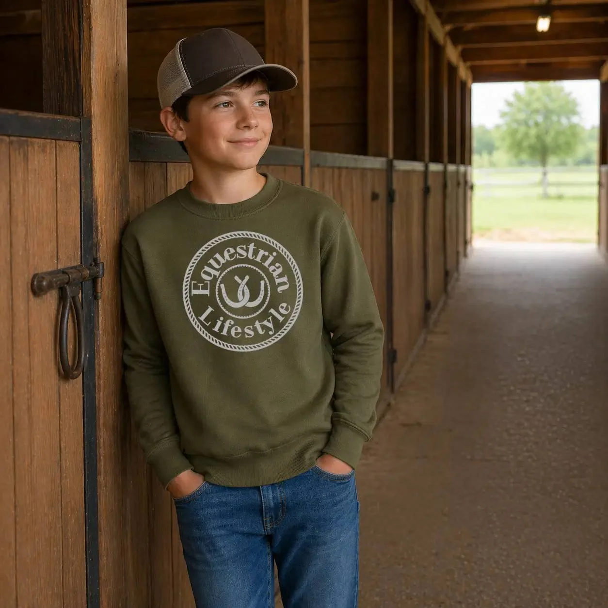 Youth Equestrian Lifestyle Olive Crewneck Sweatshirt - Equestrian Lifestyle Clothing