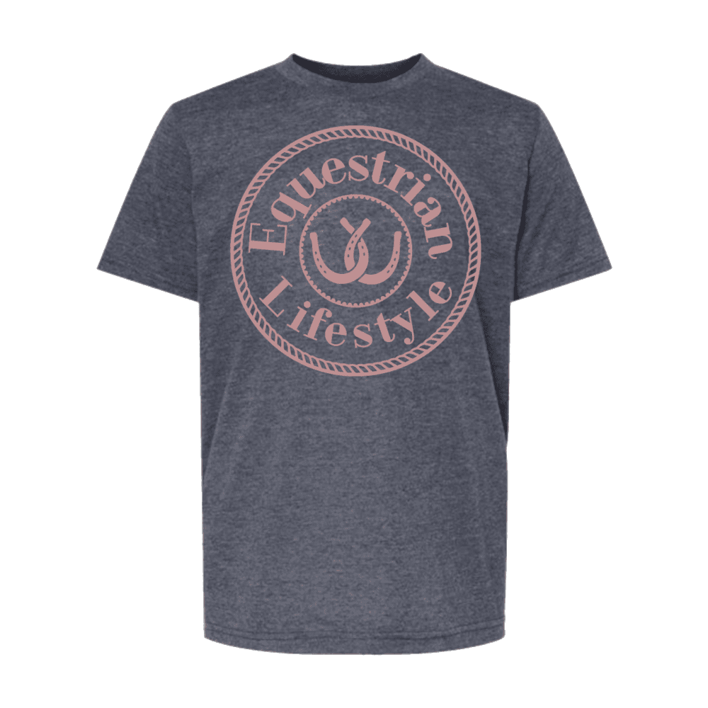 Youth Heather Navy Tee- Rose Gold Horseshoe - Equestrian Lifestyle Clothing