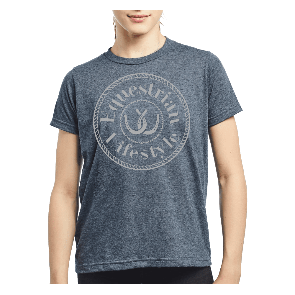 Youth Heather Navy Tee - Silver Grey Horseshoe - Equestrian Lifestyle Clothing