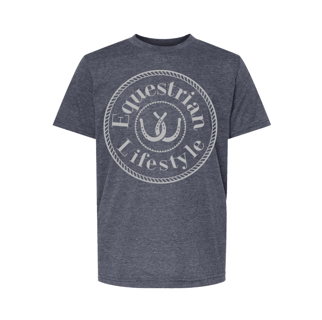 Youth Heather Navy Tee - Silver Grey Horseshoe - Equestrian Lifestyle Clothing