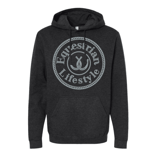 Jet Black Heather Equestrian Hoodie with Steel Blue Textured Horseshoe- S, XXL, 3XL - Equestrian Lifestyle Clothing