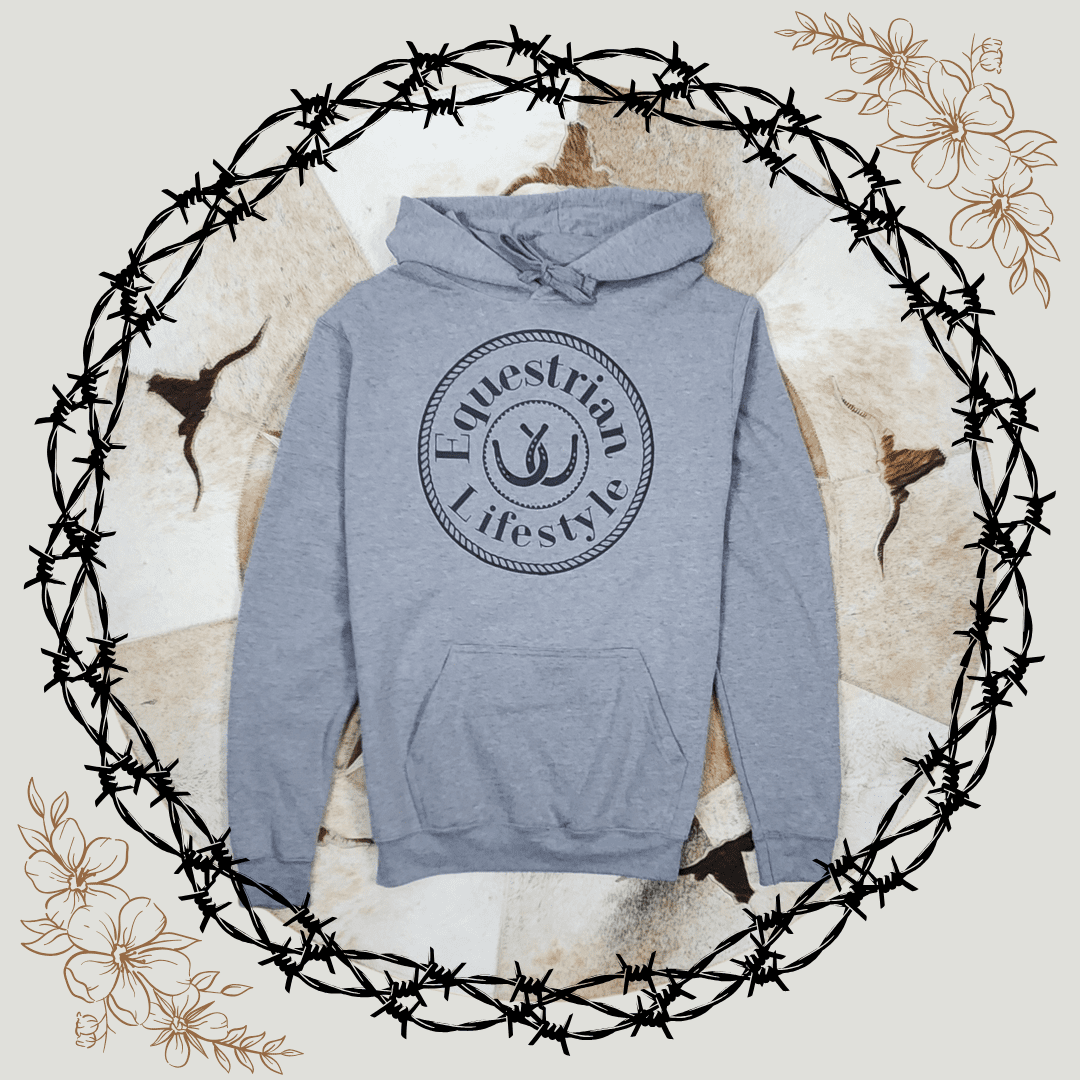 Heather Grey Hoodie with the Horseshoe Design - Equestrian Lifestyle Clothing