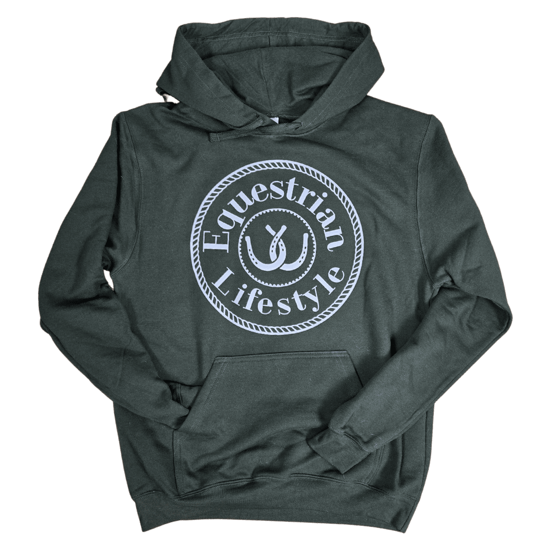 Equestrian Lifestyle Forest Green Hoodie – Signature Horseshoe Design - XS, XL - Equestrian Lifestyle Clothing